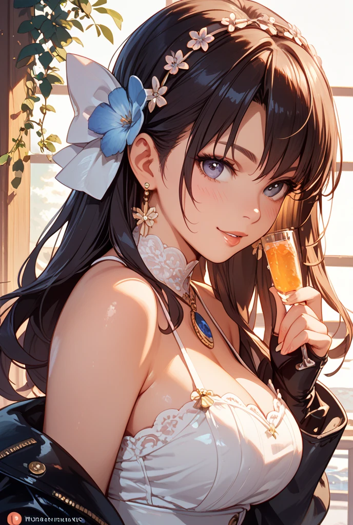 <lora:COAShano-04:0.75>,coashano, looking at viewer, smile, open mouth, gloves, dress, holding, cleavage, ponytail, flower, food, necktie, elbow gloves, white gloves, cup, detached collar, rose, microphone, purple dress, drinking glass, holding microphone