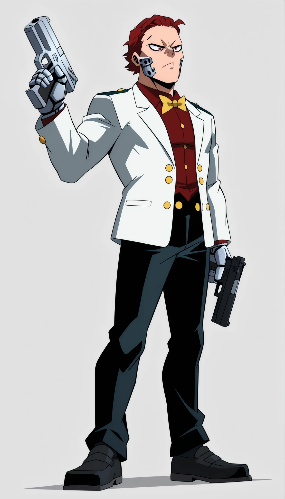 ((Highest Quality)), ((Simple Light Grey Background)), (My Hero Academia Style), standing, 1male, Male, mature man, solo, athletic body, Slim body, slender body, (Super villain), Super Villain, Full Body, Redhead, red hair, Short hair: slicked back hair, no bangs, no sidebangs, without bangs, without sidebangs, Steel jaw, mechanical jaw, square jaw, square steel jaw, Strong chin, elegant white jacket, white jacket, elegant jacket, Red shirt, shirt, shirt under jacket, jacket over shirt, Yellow bow tie, bow tie, Black dress pants, dress pants, black pants, black loafers, loafers, holding Glock Gun, Glock Gun, Cyborg jaw, mechanical jaw, metal jaw, metallic Jaw, silver Jaw, silver metal mouth, metal mouth, mechanical mouth, Cyborg mouth, Cyborg's lower face, mechanical lower face, metal lower face, silver metal lower face, silver lower face,