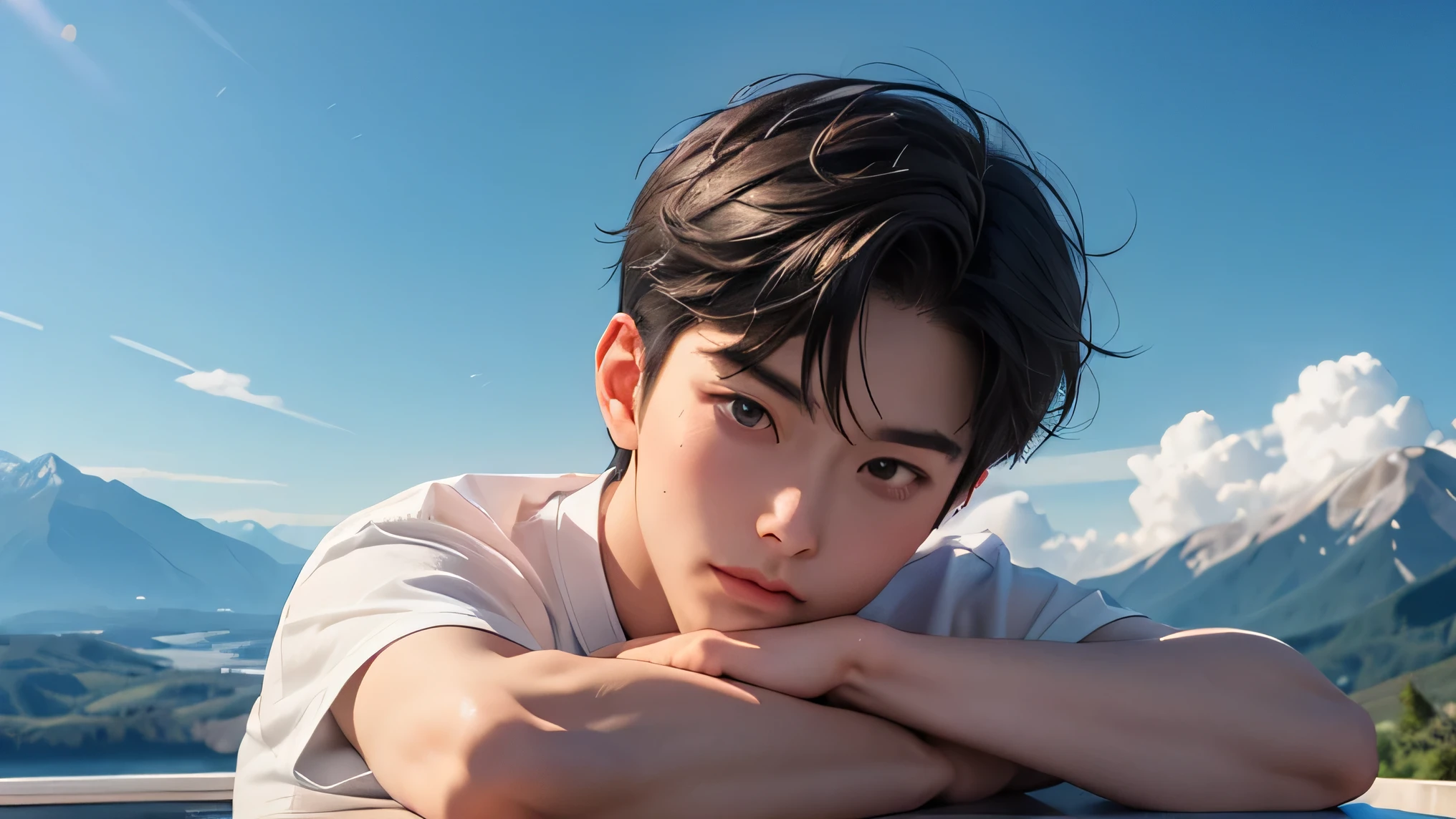 male Handsome Japanese guy in his 30s short hair dark haired whitetshirt White Shorts summer resort Plateau Resort the background is a beautiful sky and mountains Face up and stretch a lot Make Your Face Bigger Make Your Face Bigger