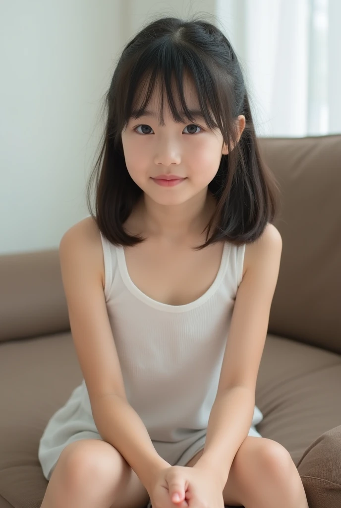 One girl, Short hair up to the shoulders,Black Hair,smile, Summer clothes,room,Sit on the bed,Big eyes,Innocence,5th grade elementary school,Look here,Small swelling in chest,transparent, (masterpiece, Highest quality), Soft Light, Structure of the film, Like a movie