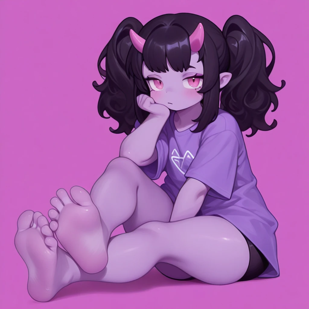 (Solo:1.2), (extremely sexual:1.2), earrings, tattoos, (succubus:1.2), gorgeous, heavy makeup, big beautiful eyes, horns, (tail:1.2), (purple skin:1.2), (black hair:1.2), (baggy oversized T-shirt:1.4), yoga shorts, blushing deeply, very embarrassed, sitting on desk, in classroom (masterpiece, high resolution, ultra detailed eyes, ultra realistic, beautiful lighting, 4K, 8k, highly detailed)