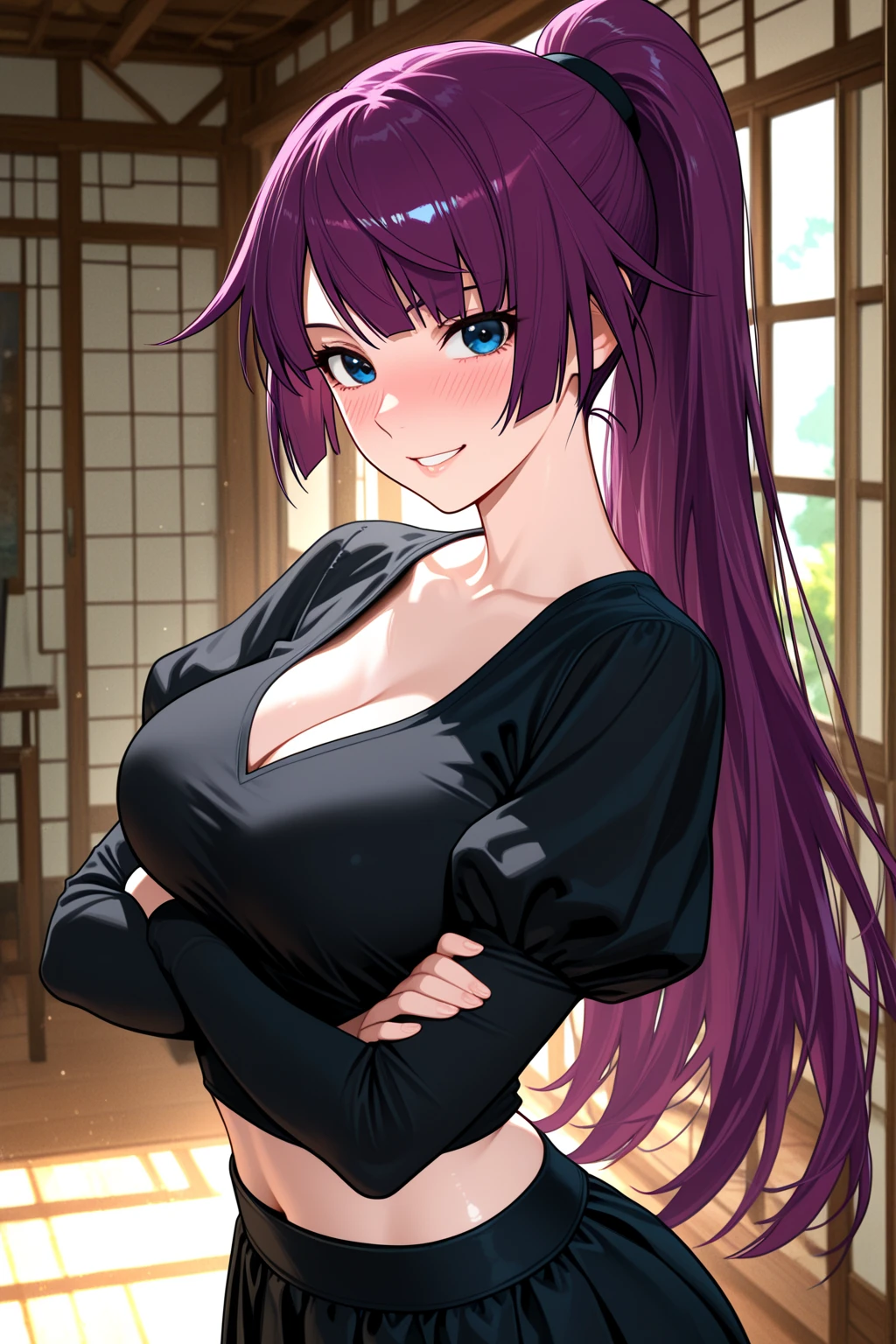 score_9, score_8_up, score_7_up, source_anime BREAK 1girl, <lora:mihara-nikke-richy-v1_pdxl:1> mihara, purple eyes, black hair, purple hair, long hair, bangs, crop top, smile, looking at viewer,