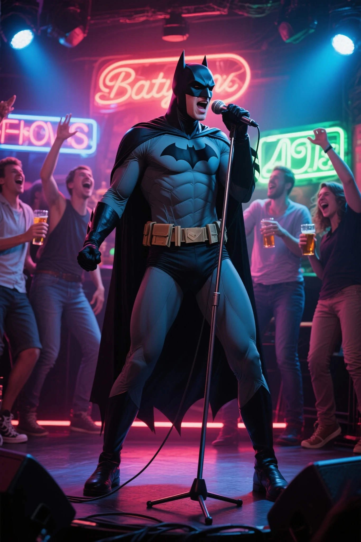 masterpiece, best quality, ultra-detailed, photorealistic, Batman on stage at karaoke bar, passionately singing into microphone, neon lights, drunk friends cheering, humorous, cinematic comedy vibe
