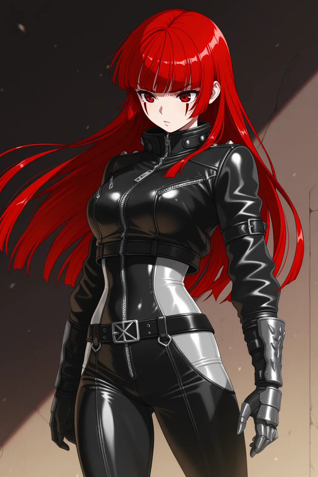 The image features a girl known as Black Widow with red, shoulder-length hair, and dressed in a sleek skin-tight shiny black latex bodysuit with a deep-cut zipper neckline revealing a large chest, the silver zipper running down the front. The suit is complemented by her golden wrist guard on both wrists and a black silver belt made of shiny black circles with a red "black widow" symbol buckle. She handles an AK-47 rifle with her right hand, one on top of the other. She appears with a cute smile on her face. She is set against a dark, black background, which contrasts her appearance and emphasizes her figure. From her intense gaze and serious expression, she appears confident, powerful, and ready for action.