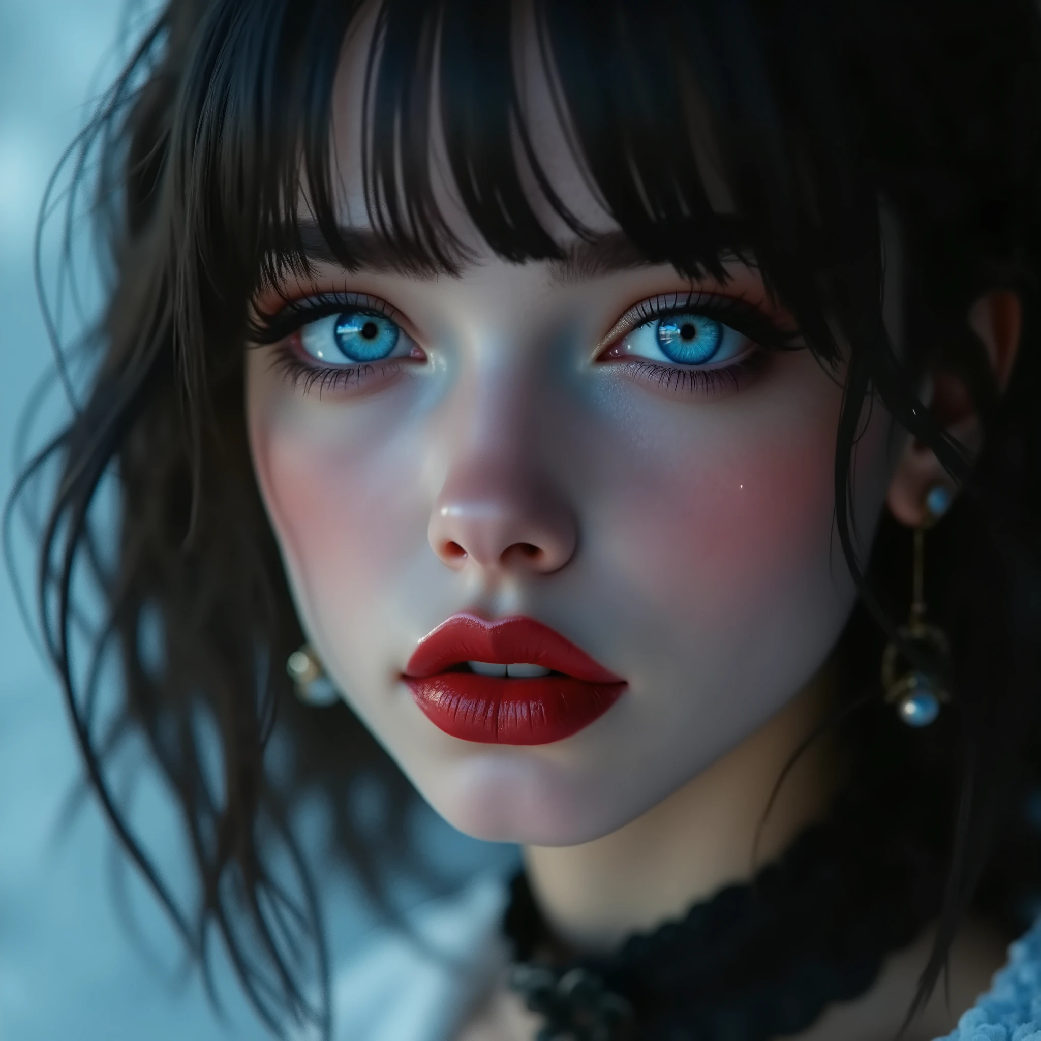 ((RAW Photo), Absurds, (Absurd Resolution)), ((Hyperrealism, Photorealism)), (beautiful woman face, 21 years old), (realistic pupil, intense royal blue eyes), (makeup, red lips, closed mouth), (gesture of giving a kiss), (perfect pores, peach skin), (background: gradient), (close-up). «SunPuma S»