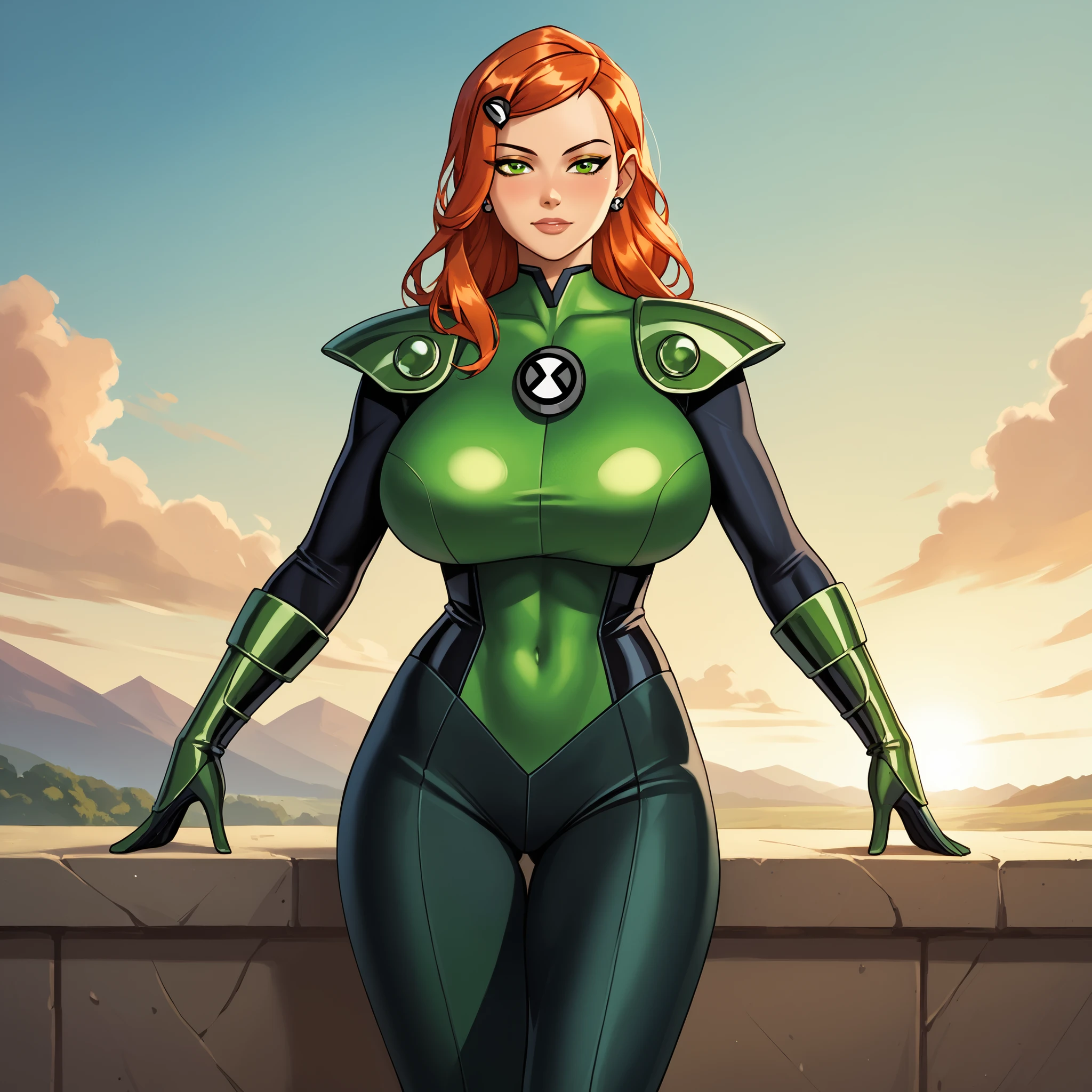 {{masterpiece, ultra-high quality, professionally detailed, professionally shaded}}, masterpiece、high quality、high image quality、detailed face, (masterpiece),(perfect for everyone), maxima,solo 1girl, red hair, green eyes, long hair, green bodysuit, elbow gloves, armor, black pants, ben10, long sleeves, huge breasts, cowboy shot, (black pants), ((green bodysuit)1:1), uncensored, ((black pants)1:1), ((huge breasts)1:1), green boots, (huge breasts)