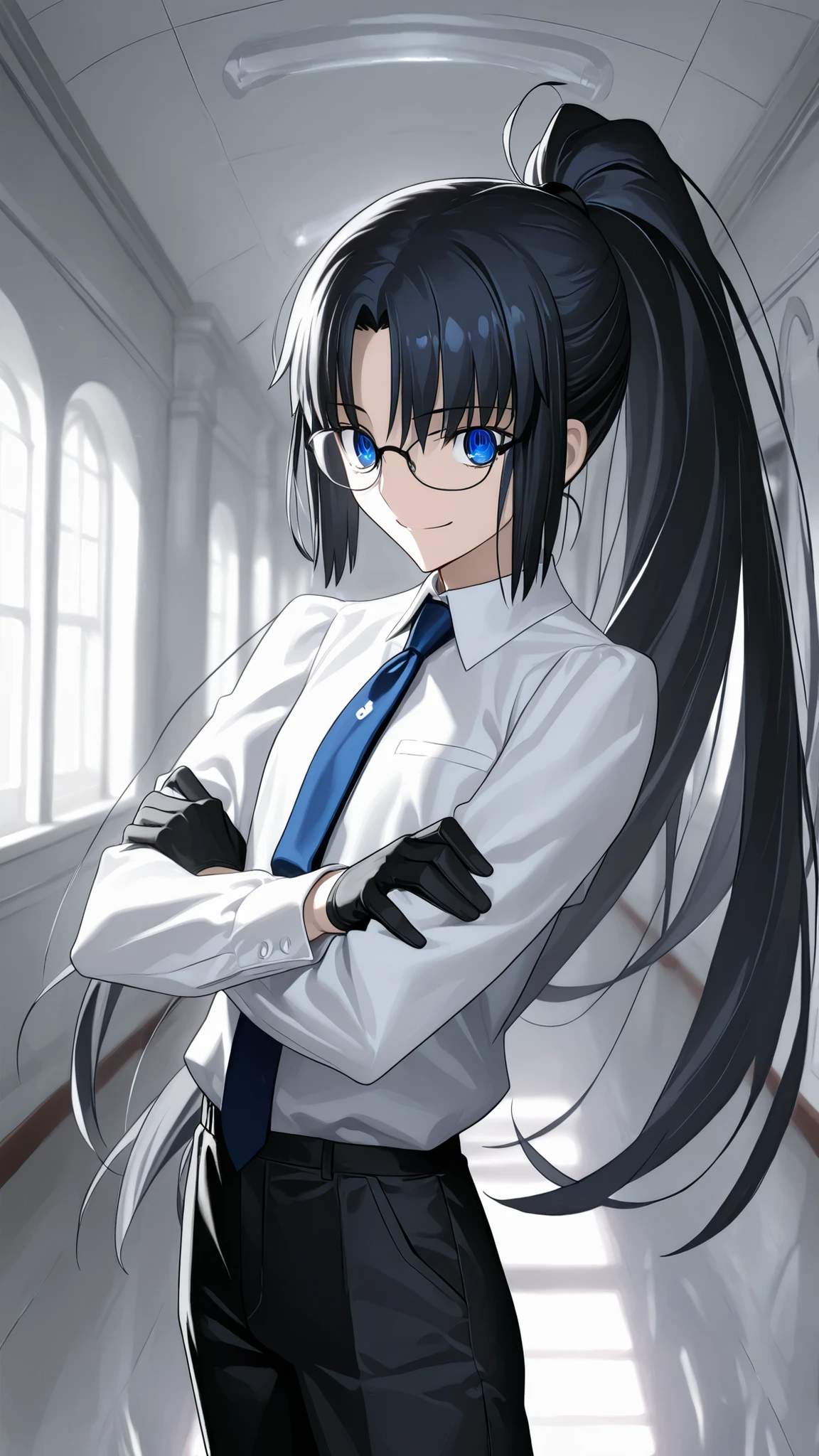 absurdres, (((Ultra HD))), (((Ultra High Quality))), ((hyper detailed)), ((Ultra High Resolution)), (Highly rendered), ((detailed eyes)), (((8K))), ((perfect face)), ((masterpiece)), cinematic, solo, 1girl, very tall, androgynous, handsome, long hair, ponytail, black hair, straight hair, glasses, smile, blue eyes, flat chest, white blouse, tie, long sleeves, black gloves, black pants, standing, arms crossed, hallway background, tak_tak