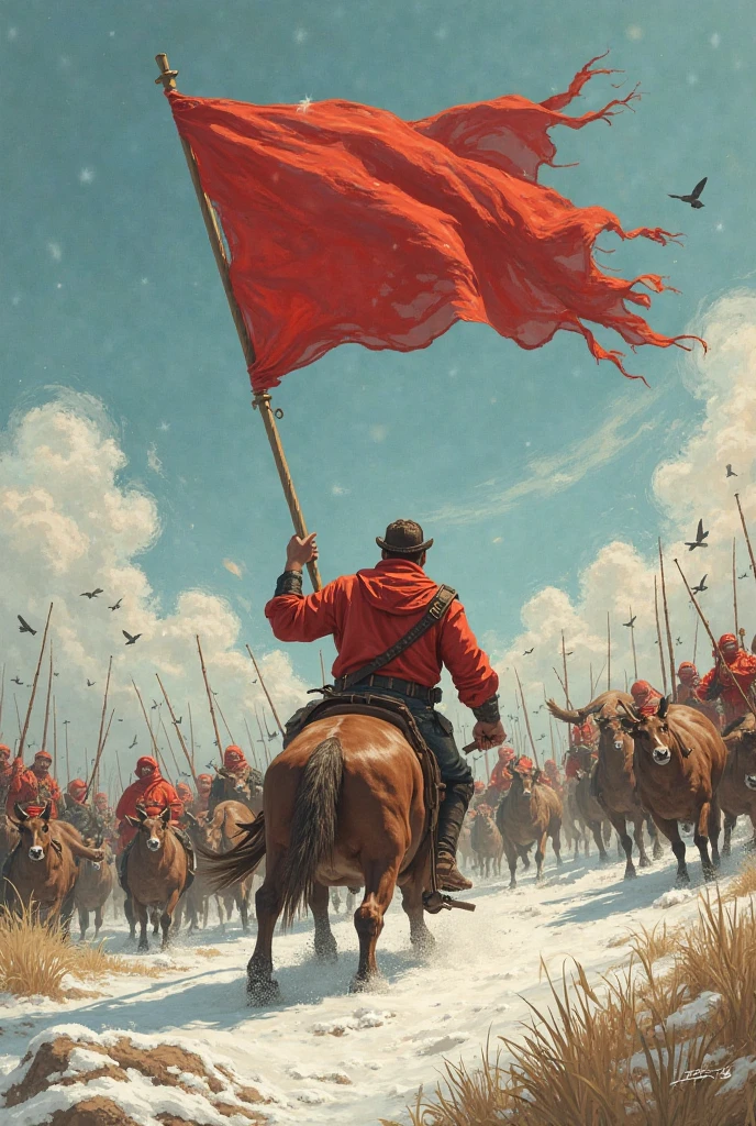 A poster of the Long March，Warm colors，Contains Chinese Communist  flag elements，Rich graphics，red、gold、Fighters of the Red Army、Snow Mountain、grassland、river、red flag、Red stars、Pigeon、Illustration style、Paper cutting skills，The picture should have a sense of hierarchy，Exquisite，high quality，Coordination of character movements，No horses appear，People walking in a long line，The clothes are light blue worn cotton clothes，Carry a gun on your back，The team meandered into the distance and gradually disappeared into the mountains