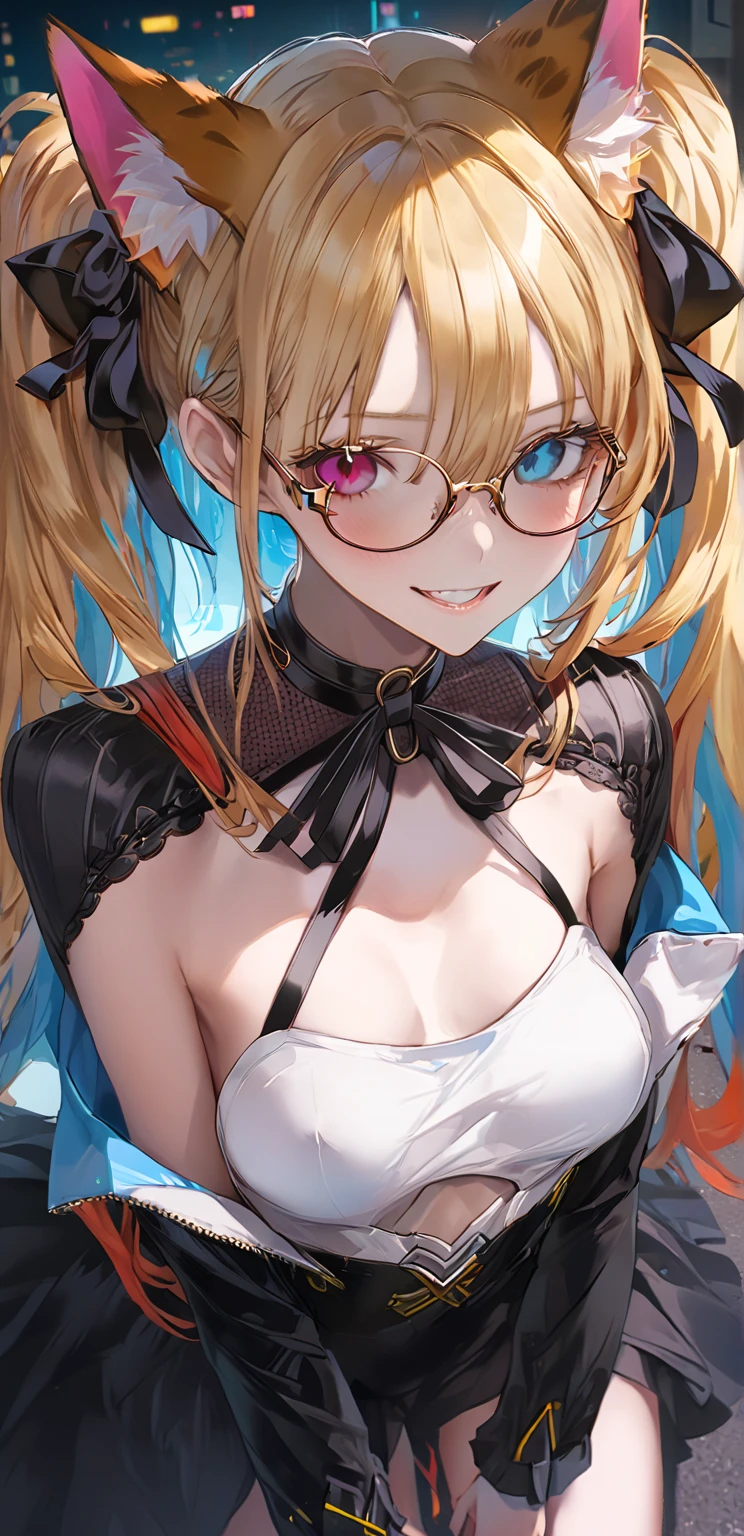 Sandy blonde hair, black tips, glasses, green eyes, l big , thick thighs, hours glasses, wavey hair, (((1girl))), heart hand gesture, smile