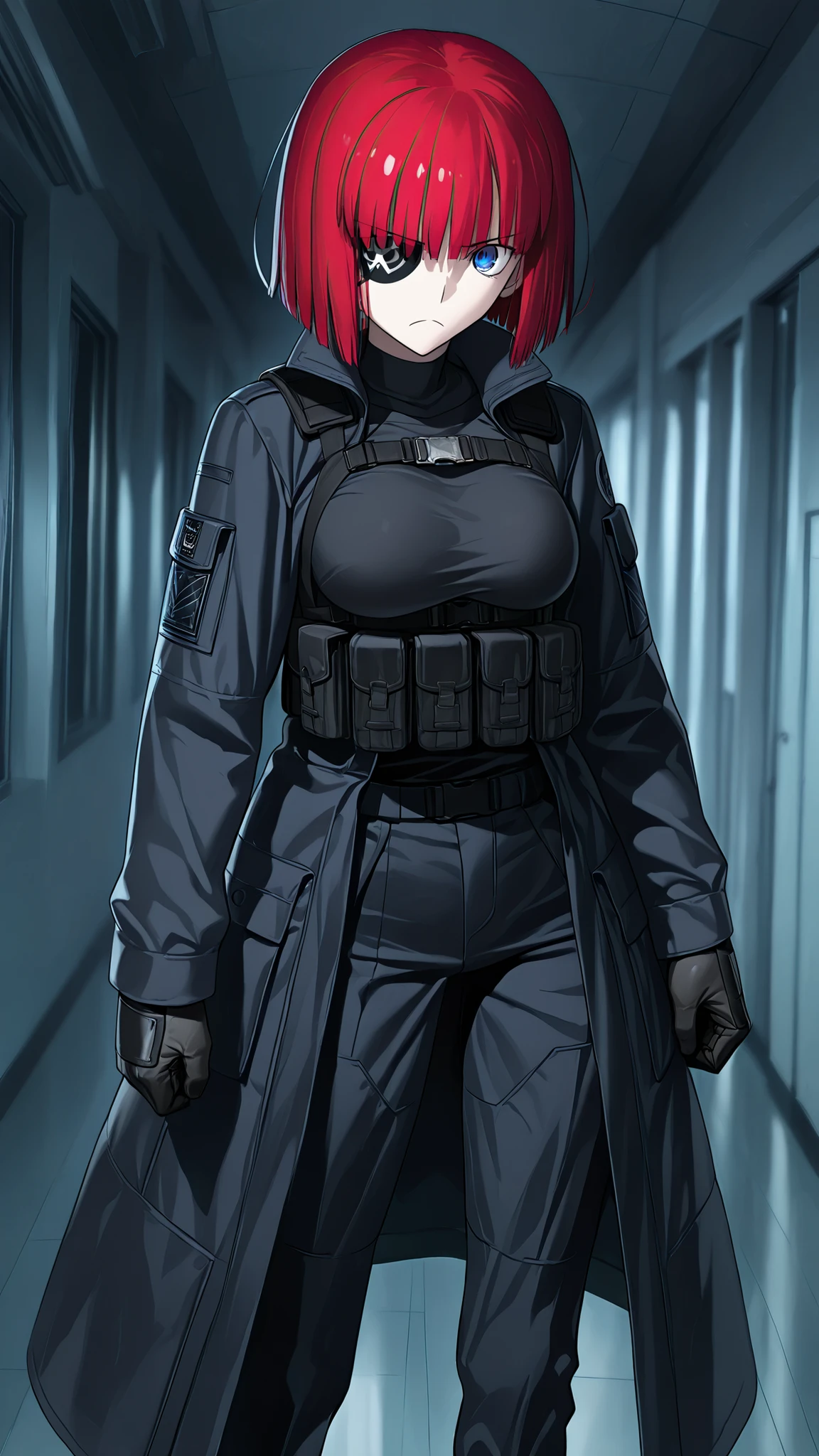 absurdres, (((Ultra HD))), (((Ultra High Quality))), ((hyper detailed)), ((Ultra High Resolution)), (Highly rendered), ((detailed eyes)), (((8K))), ((perfect face)), ((masterpiece)), cinematic, solo, 1girl, very tall, thin, bob cut hair, red hair, straight hair, black eye patch, frown, blue eyes, large chest, tactical clothes, black shirt, black coat, coat, long sleeves, tactical gloves, black pants, standing, hallway background, tak_tak