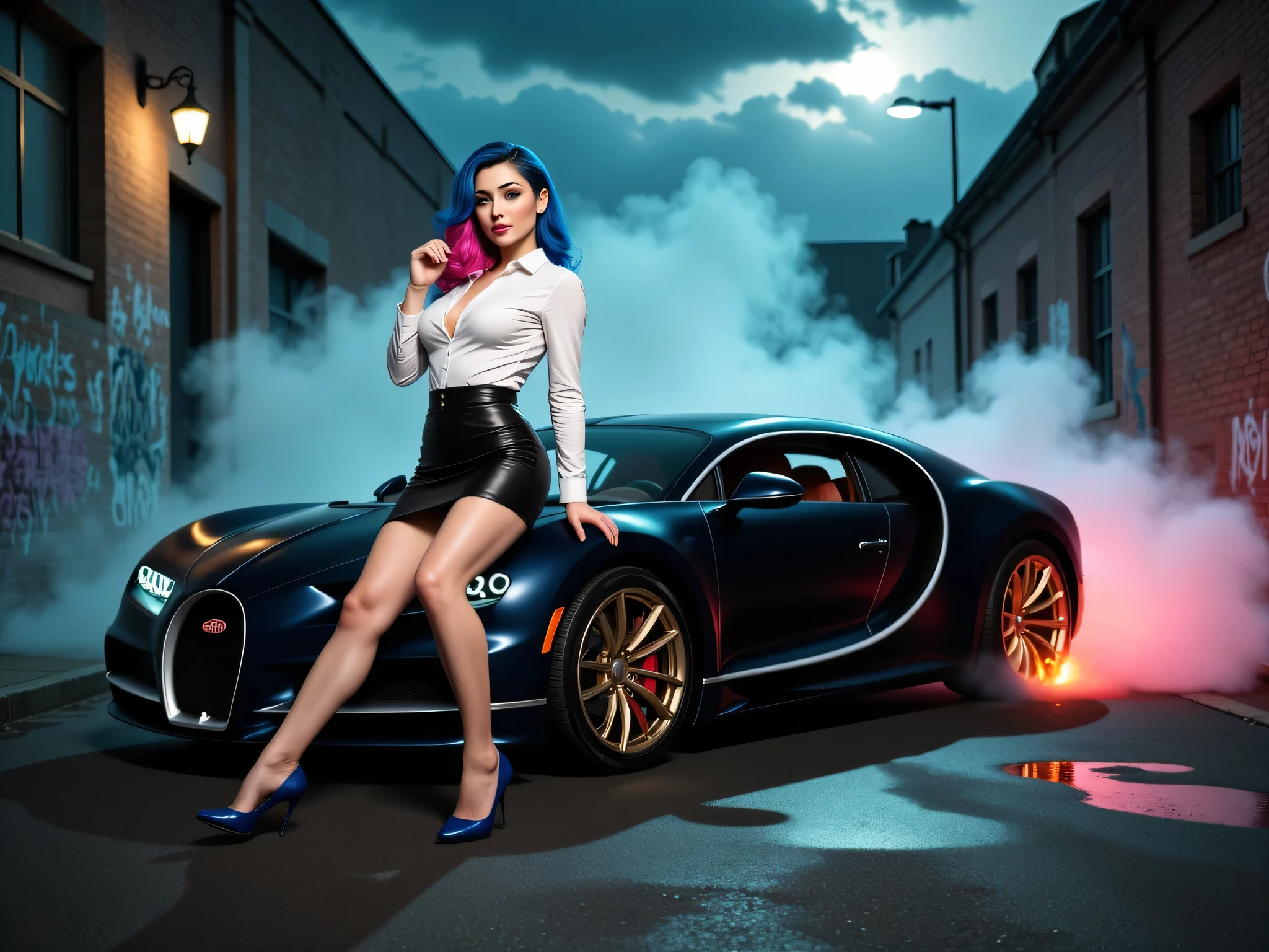 3D assets, immersive, dynamic shadows Sexy retro girl, white skin, white blouse, black miniskirt, blue high heel shoes, Close to Bugatti super car opaque black, burning wheels, a street wet, Graffiti, multicolored fog on the street Makeup, cabello azul, cabello rosado, buildings, starry night Cinematic lighting, semitone, claroscuro, UHD, granulate, high quality, the best quality, Alley, graffiti cloudy sky and fog Big breasts, breasts, imax movie lighting, bright light, Overexposure, high quality, dynamic 3D character perspective