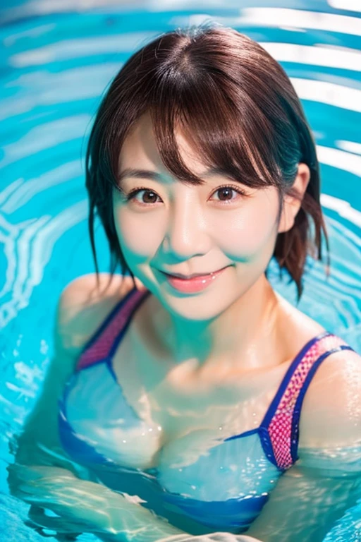 best quality, 1 girl, swimming, indoor pool, swimsuit, wet hair, competitive, focused, action shot, water splash, detailed