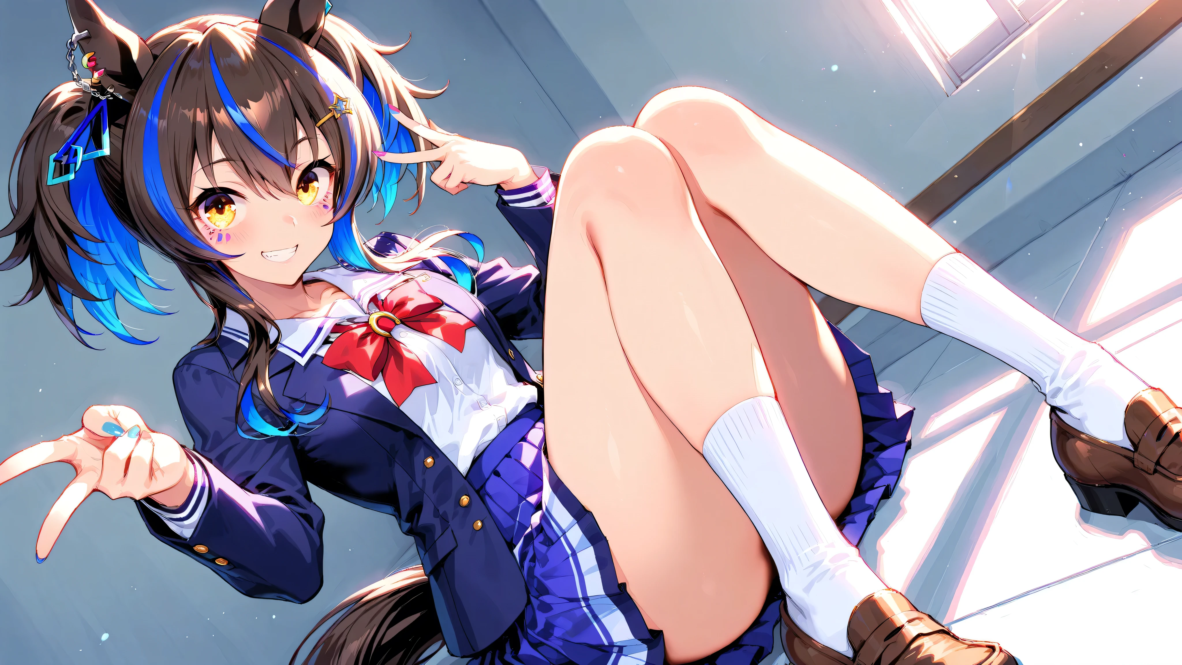 (realistic, photo realistic:1.2), ((highest quality)), beautiful face details, real human skin, pretty embarrassing, tokinosoraHL, 1girl, solo, long hair, blue eyes, skirt, (white panties:1.1), (??????????:1.2), under ???????, hair ornament, ribbon, hair ribbon, sleeveless, hairclip, midriff, vest, red ribbon, wrist cuffs, blue thighhighs, Cowboy Shot, sitting on speaker, knees raised, ???????????, Cute face, deadpan, Looking at Viewer, (on stage), (stage lights), (crowd, audience:1.3), from below