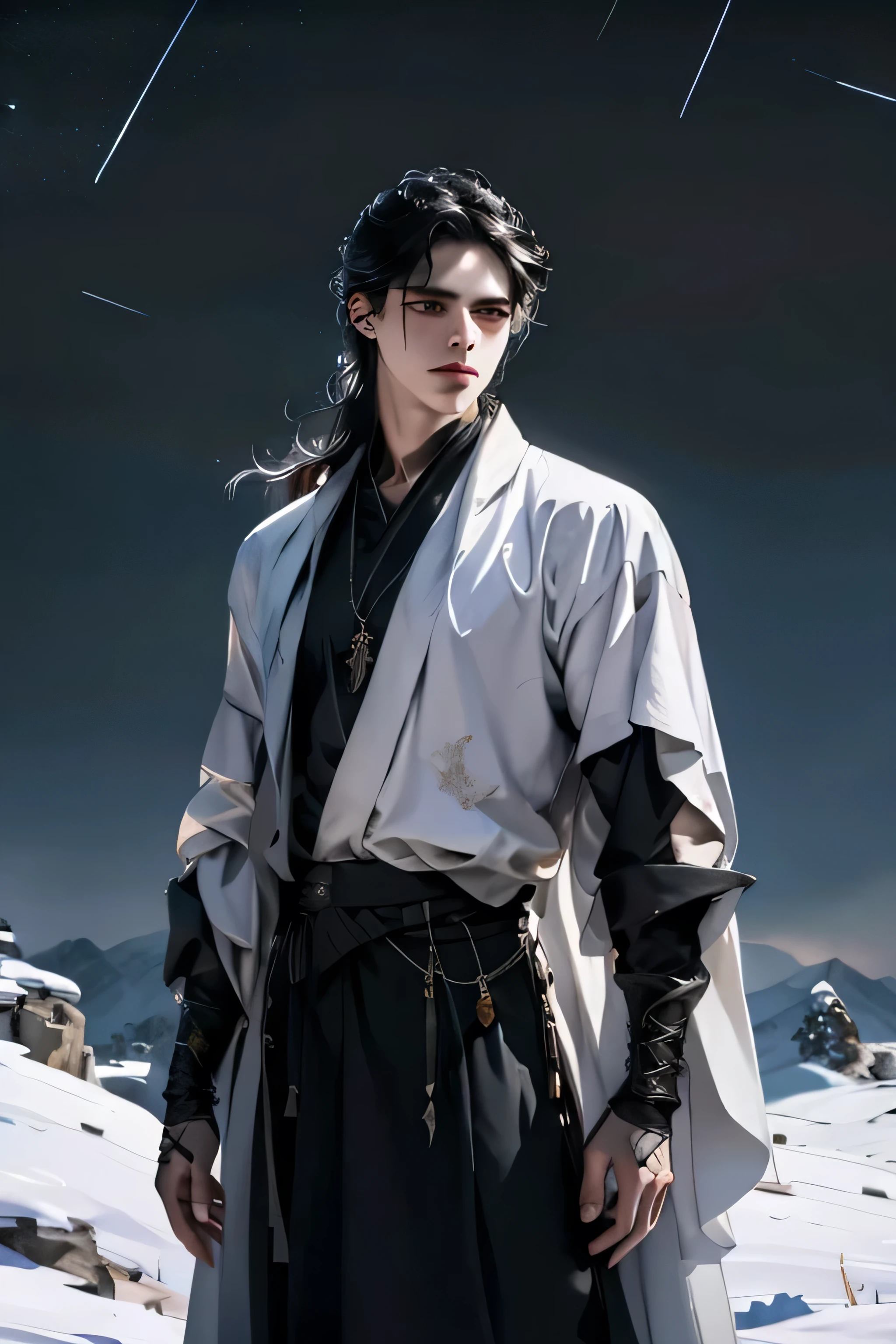 ((photorealistic))
Create an photorealistic illustration of Damon Nightshade, a 19-year-old young man with a hauntingly handsome appearance. Damon has striking features, including jet-black hair that falls in tousled waves, complementing his piercing black eyes. His facial expression should convey a very sad personality, reflecting an introverted and contemplative nature. his long hair is loosely tied on the back.
Damon possesses an alluring attractiveness, with tall and broad shoulders accentuating his lean body. His skin has a pale color, adding an ethereal and mysterious quality to his overall appearance. The character radiates a quiet bravery, suggesting strength beneath the melancholy exterior.
Damon is wearing a white shirt and white robe. he's gazing into the distance.
Set the scene against a mountain top covered with thick white snow. there is meteor shower dropping fireballs on to the ground. fire rains down the sky.
Feel free to play with composition and lighting to evoke a sense of loneliness, bravery, and introspection in this captivating character.