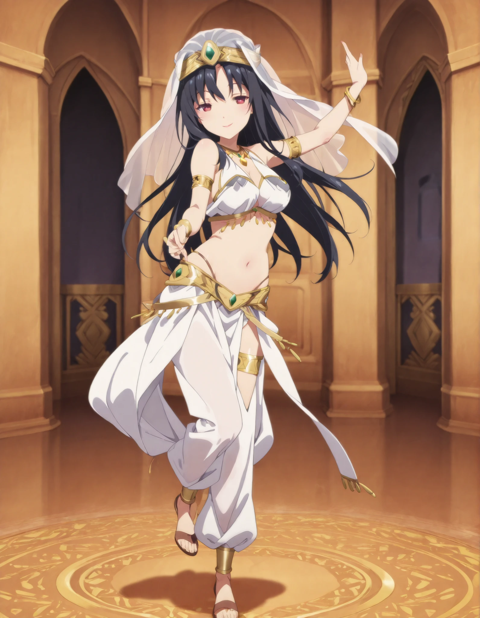 (1girl:1 . 5) , (Seul:1 . 5) , score_9 , score_8_haut , score_7_haut , source_anime , Official work  , ultra-detailed , masterpiece , best quality selfie snapshot , high resolution , beaux yeux , detailed eyes , detailed face , beautiful detailed eyes ,Arifureta: From Commonplace to World’s Strongest,Kaori Shirasaki,Arabian Clothes , Arabian Dancer ,belly dancer costume ,full body,golden jewelery,armlet, belly dancing,arabian theater,seductive smile, dancing with veil, dynamic movement,dance posture, seductive pose