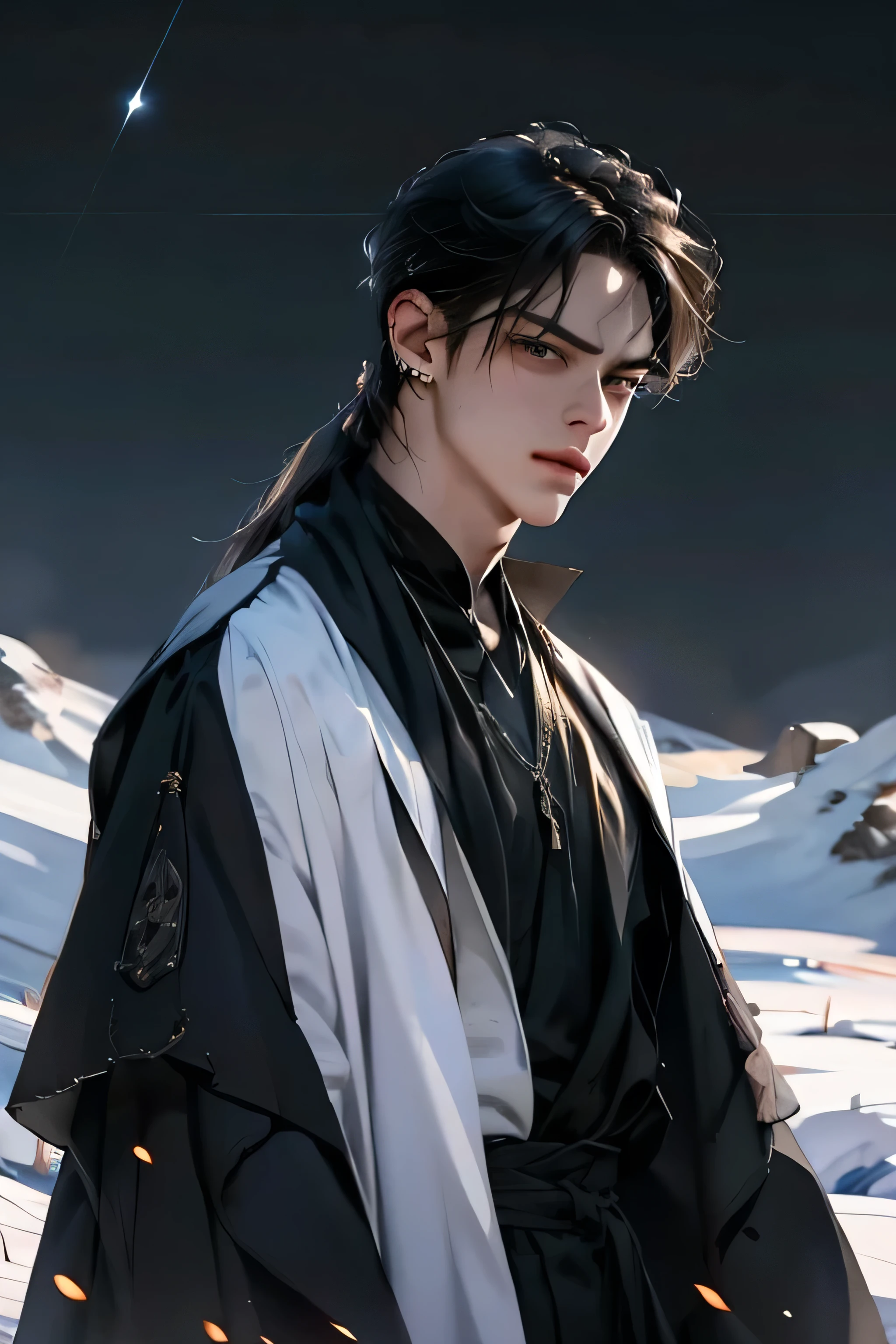 ((photorealistic))
Create an photorealistic illustration of Damon Nightshade, a 19-year-old young man with a hauntingly handsome appearance. Damon has striking features, including jet-black hair that falls in tousled waves, complementing his piercing black eyes. His facial expression should convey a very sad personality, reflecting an introverted and contemplative nature. his long hair is loosely tied on the back.
Damon possesses an alluring attractiveness, with tall and broad shoulders accentuating his lean body. His skin has a pale color, adding an ethereal and mysterious quality to his overall appearance. The character radiates a quiet bravery, suggesting strength beneath the melancholy exterior.
Damon is wearing a white shirt and white robe. he's gazing into the distance.
Set the scene against a mountain top covered with thick white snow. there is meteor shower dropping fireballs on to the ground. fire rains down the sky.
Feel free to play with composition and lighting to evoke a sense of loneliness, bravery, and introspection in this captivating character.