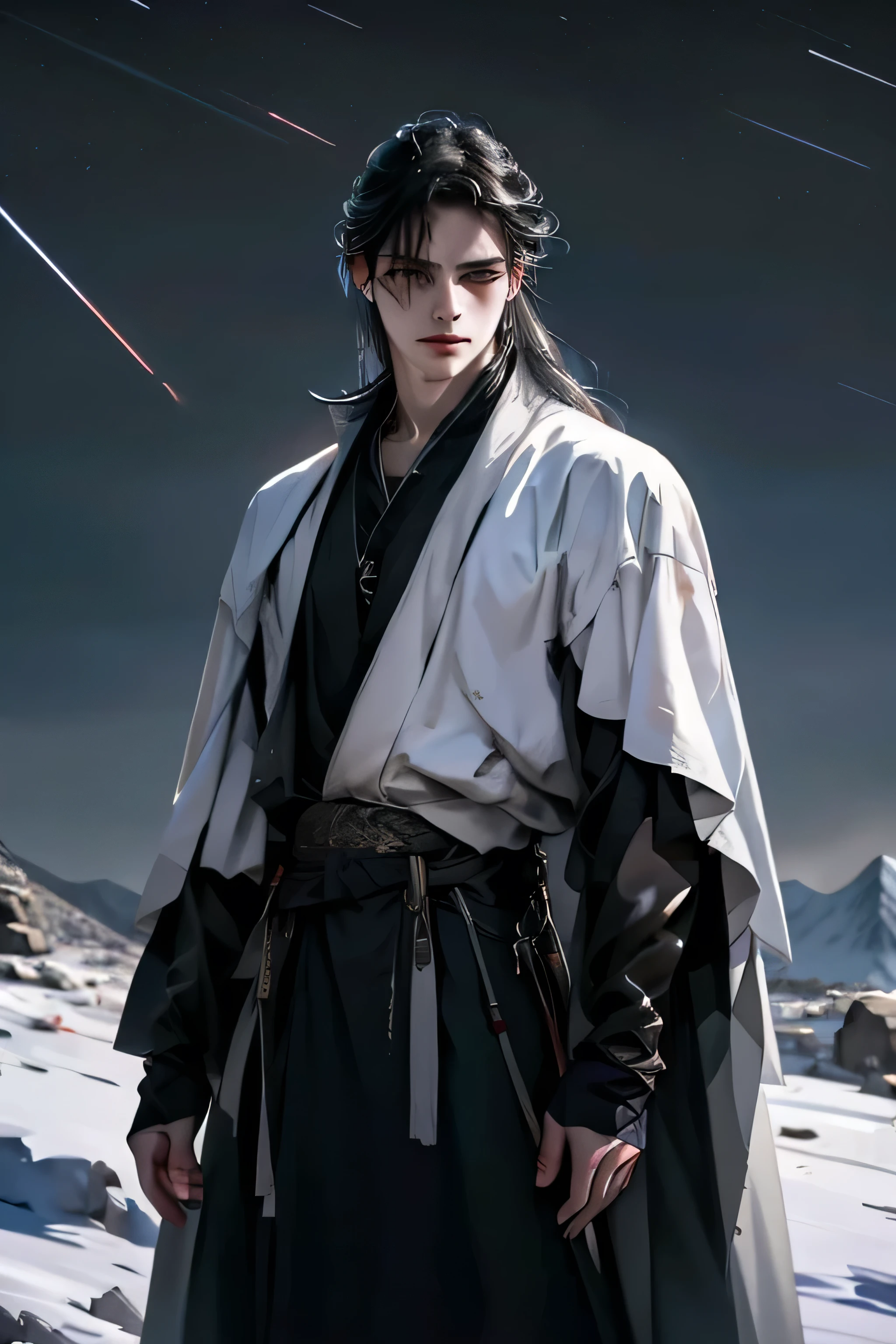 ((photorealistic))
Create an photorealistic illustration of Damon Nightshade, a 19-year-old young man with a hauntingly handsome appearance. Damon has striking features, including jet-black hair that falls in tousled waves, complementing his piercing black eyes. His facial expression should convey a very sad personality, reflecting an introverted and contemplative nature. his long hair is loosely tied on the back.
Damon possesses an alluring attractiveness, with tall and broad shoulders accentuating his lean body. His skin has a pale color, adding an ethereal and mysterious quality to his overall appearance. The character radiates a quiet bravery, suggesting strength beneath the melancholy exterior.
Damon is wearing a white shirt and white robe. he's gazing into the distance.
Set the scene against a mountain top covered with thick white snow. there is meteor shower dropping fireballs on to the ground. fire rains down the sky.
Feel free to play with composition and lighting to evoke a sense of loneliness, bravery, and introspection in this captivating character.