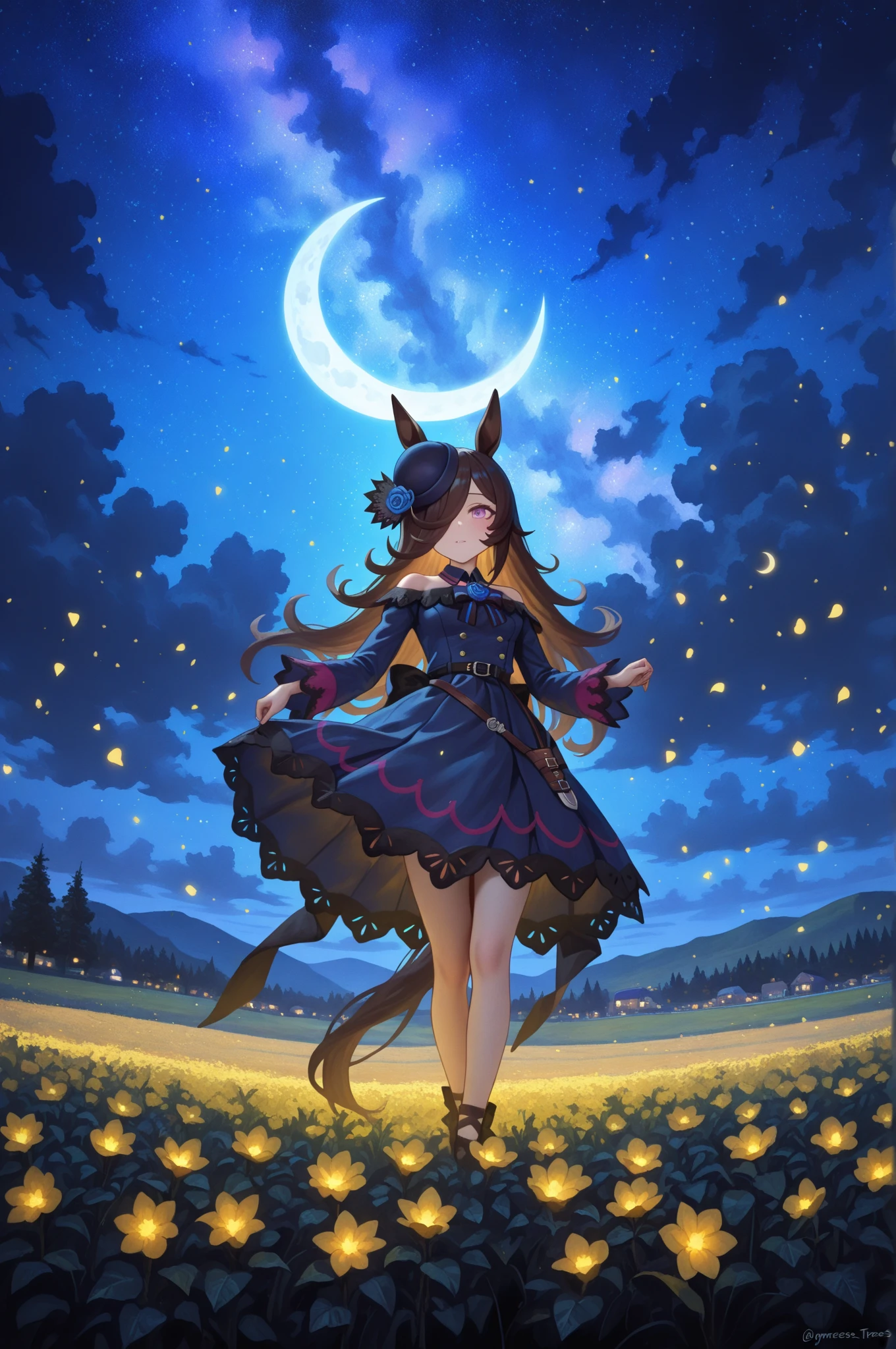 (Granblue Fantasy), 1girl, solo, holding, lantern, full body, looking at the viewer,
parted lips, very long hair, brown hair, bangs, blue rose, purple flower, purple dress with frills, hair between eyes, black thigh-highs, fur trim, black gloves, hair flower, boots,
high fantasy scenery, inside a castle, night time, full moon dynamic composition,
<lora:GBF_V1:1>