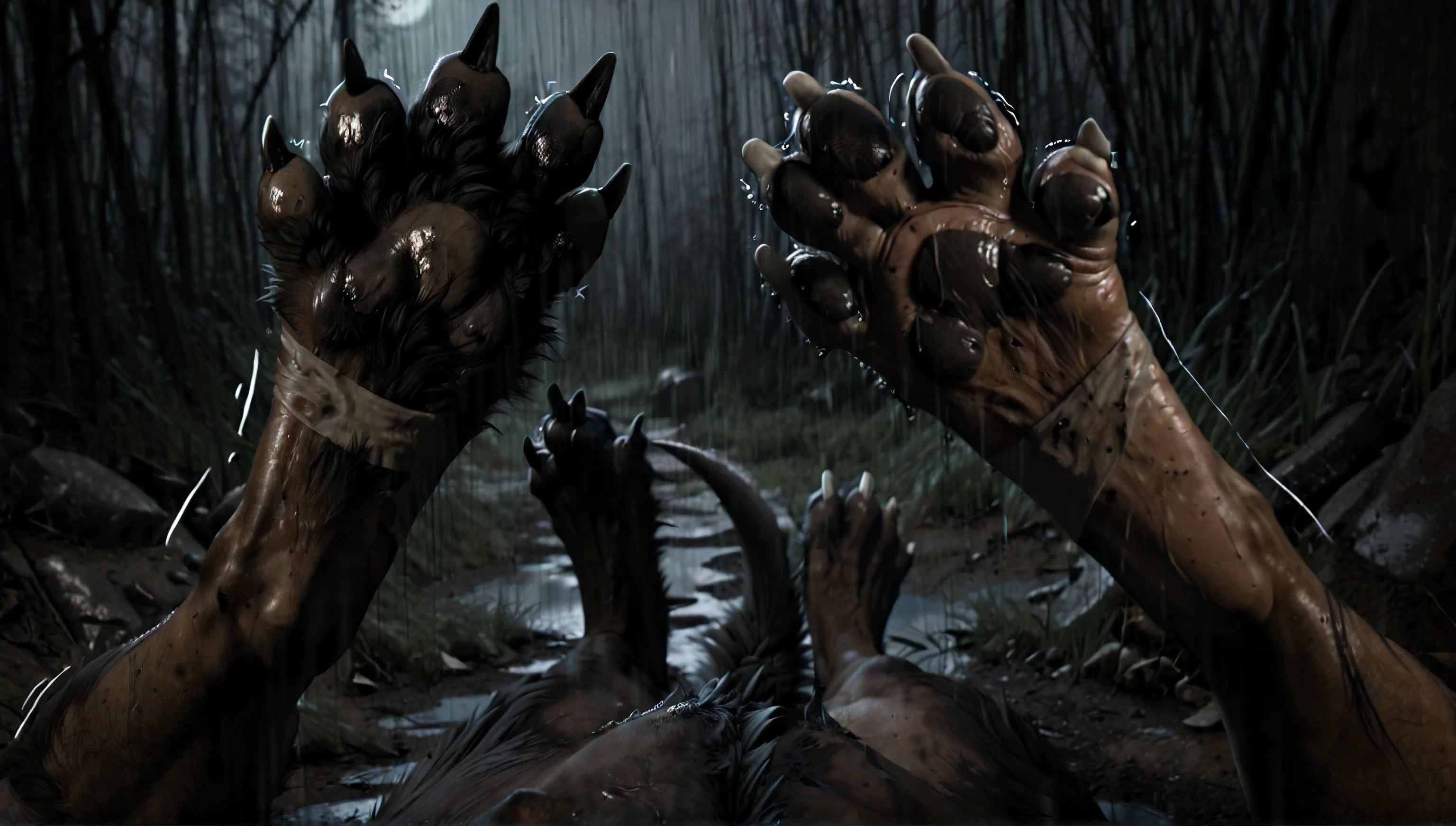 Pov:1.3, own body:1.3, closeup wolf foot, paw, ultra closeup feet, laying, wet, rain, grabbing foot:1.3, werewolf: 1.1, human morfing into wolf, mid transformation, skin:1.2, white nails, human nails:1.1, splayed, torn shoes, transfur, shaking, field, grass fine painting, puddle,  dirty, nsfl, nsfw, linear, parallax effect, diverse color palette, super quality, ultra detailed, extra realistic sand, rock:0.3, deep night, darkness,