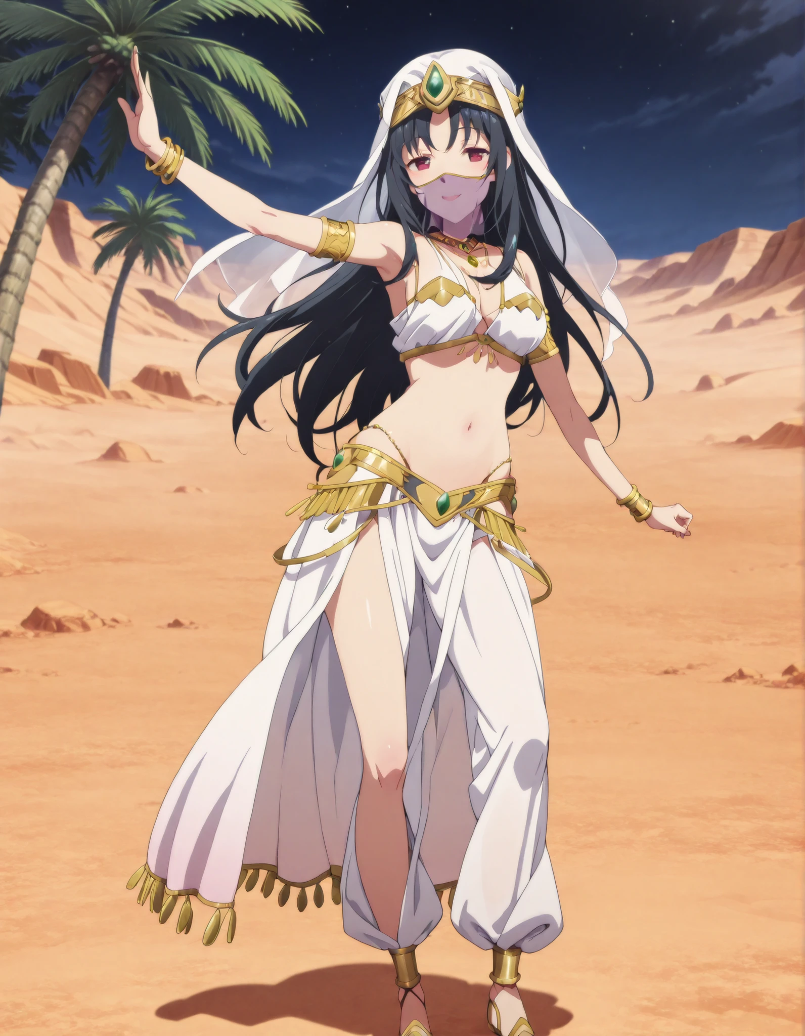 (1girl:1 . 5) , (Seul:1 . 5) , score_9 , score_8_haut , score_7_haut , source_anime , Official work  , ultra-detailed , masterpiece , best quality selfie snapshot , high resolution , beaux yeux , detailed eyes , detailed face , beautiful detailed eyes ,Arifureta: From Commonplace to World’s Strongest,Kaori Shirasaki,Arabian Clothes , Arabian Dancer ,belly dancer costume ,full body,mouth veil,golden jewelery,armlet, belly dancing,night,desert lands,palm tree,seductive smile, dancing with veil, dynamic movement,dance posture, seductive pose