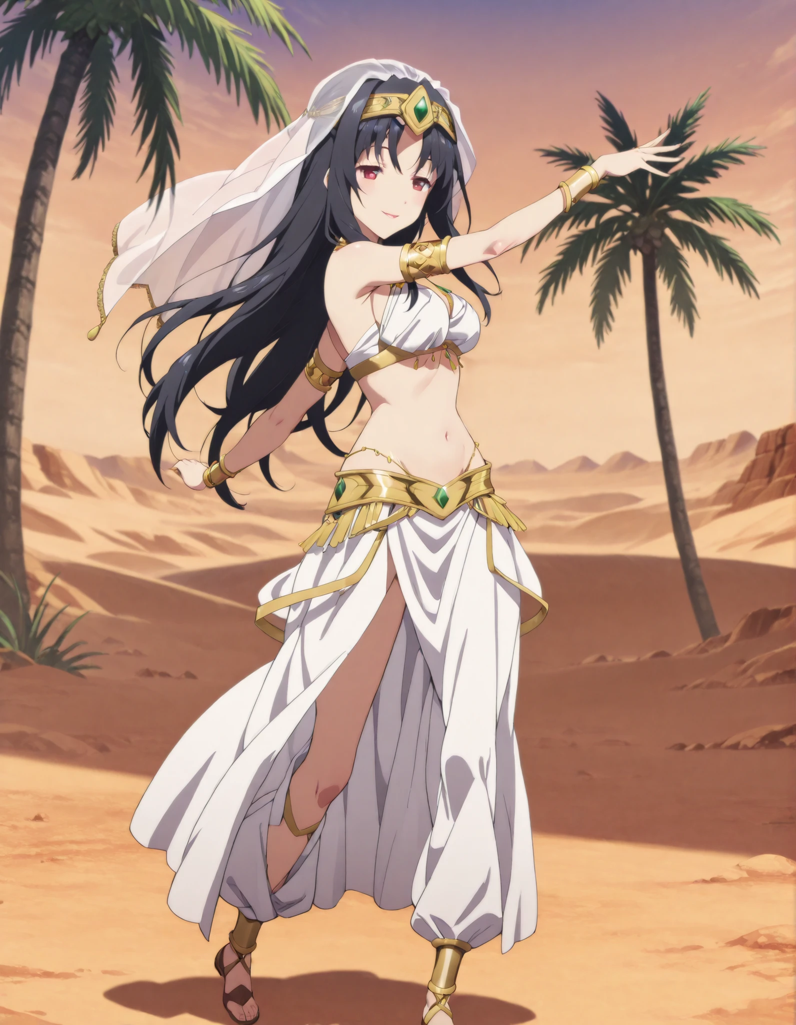 (1girl:1 . 5) , (Seul:1 . 5) , score_9 , score_8_haut , score_7_haut , source_anime , Official work , ultra-detailed , masterpiece , best quality selfie snapshot , high resolution , beaux yeux , detailed eyes , detailed face , beautiful detailed eyes ,Arifureta: From Commonplace to World’s Strongest,Kaori Shirasaki,Arabian Clothes , Arabian Dancer ,belly dancer costume ,full body,golden jewelery,armlet, belly dancing,desert lands,palm tree,seductive smile, dancing with veil, dynamic movement,dance posture, seductive pose