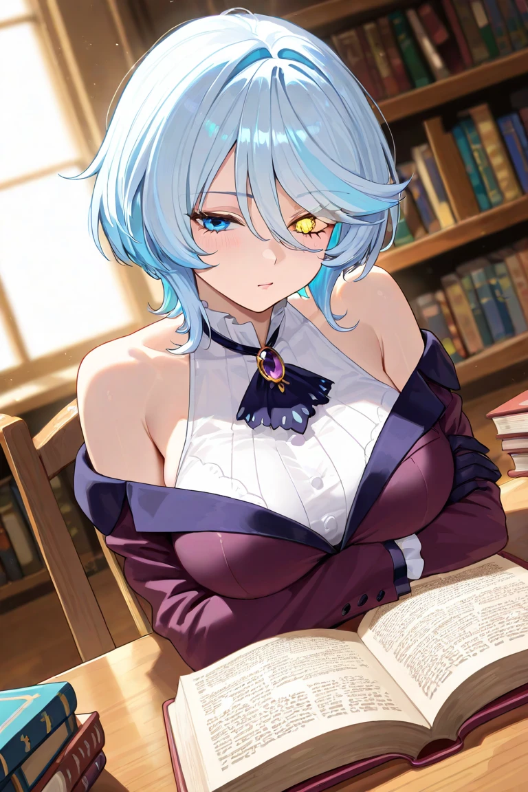 (masterpiece), (best quality), ((very detailed)), (very delicate), (A young girl),10-year-old girl, silver short hair. Soft, shiny hair. Clear cyan droopy eyes, long bangs covering her eyes. Wears glasses to avoid eye contact., Cute frilly dress with detailed textures, Luxurious room with bookshelves and fancy furniture. Often reading books,Shy, always looking down, lacking confidence, on the verge of tears