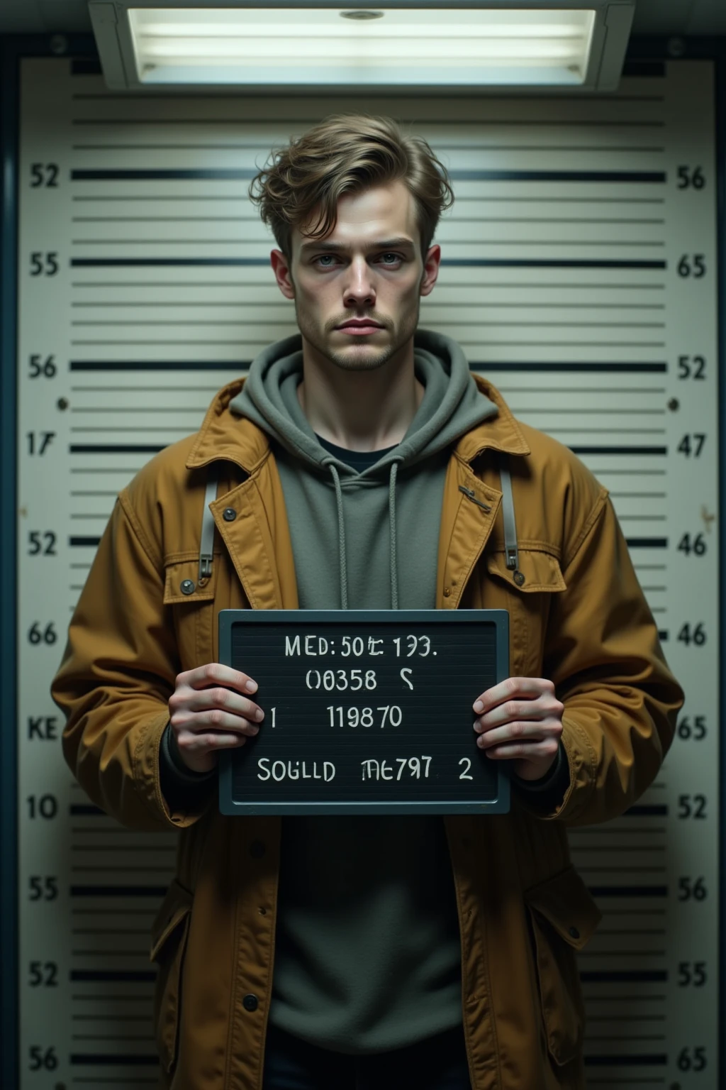 Ultra high resolution, 8K, 2:3 aspect ratio, semi-realistic cinematic artwork.
A gritty police mug shot of a young man standing against a height measurement wall, holding a black ID placard with numbers. His clothes are slightly rumpled, his expression half-defiant, half-tired. Lighting: harsh white fluorescent light casting sharp shadows. Camera angles: front-facing and side profile, iconic mug shot style. Atmosphere: raw, serious, documentary-like.