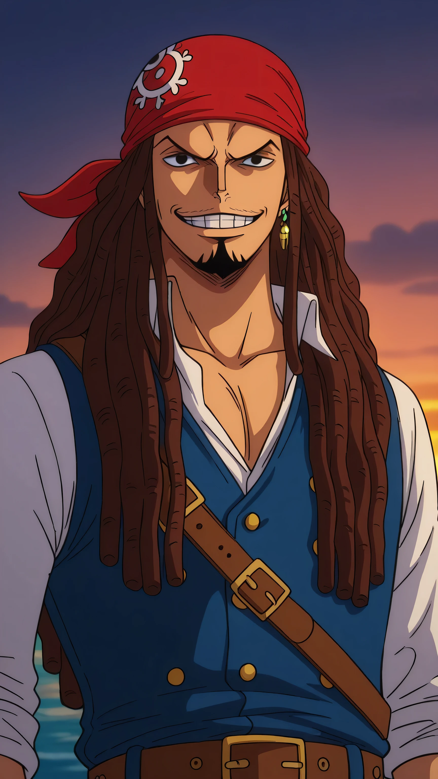 1male,solo,Captain Jack Sparrow,brown hair,long hair,dreadlock,black eyes,goatee,evil grin,red bandana,white shirt,blue vest,earring,neckless,brown belt,ring,sea,sunset,One Piece Anime Style