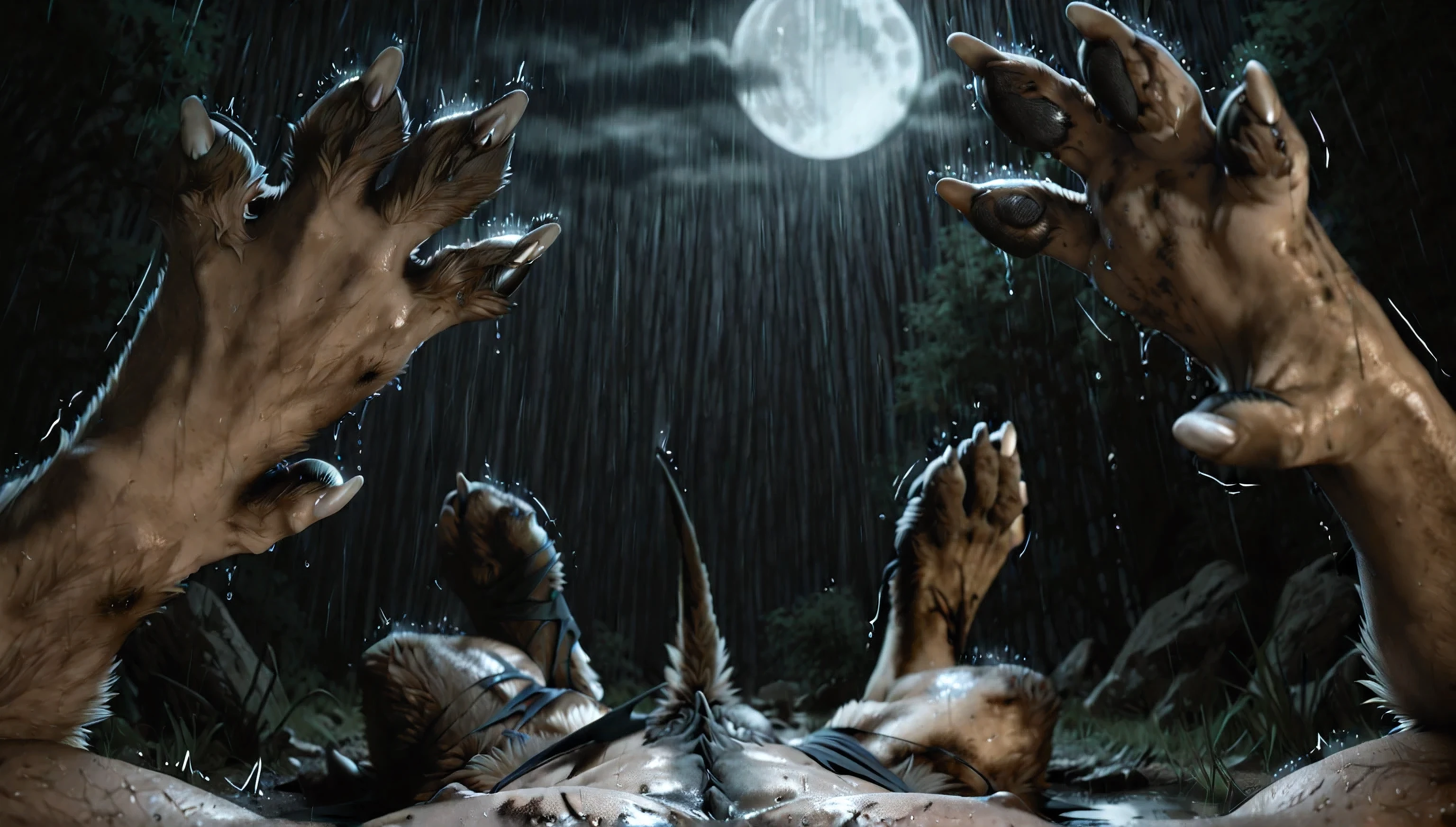 Pov:1.3, own body, closeup wolf forefeet:1.3,  [hand: forefeet:0.5], grabbing paw, laying, wet, rain, wild wolf: 1.1, human morfing into wolf, mid transformation, skin:1.2, white nails, human nails:1.1, splayed, torn shoes, transfur, shaking, field, grass fine painting, puddle, dirty, nsfl, nsfw, linear, parallax effect, diverse color palette, super quality, ultra detailed, extra realistic sand, rock:0.3, deep night, darkness,