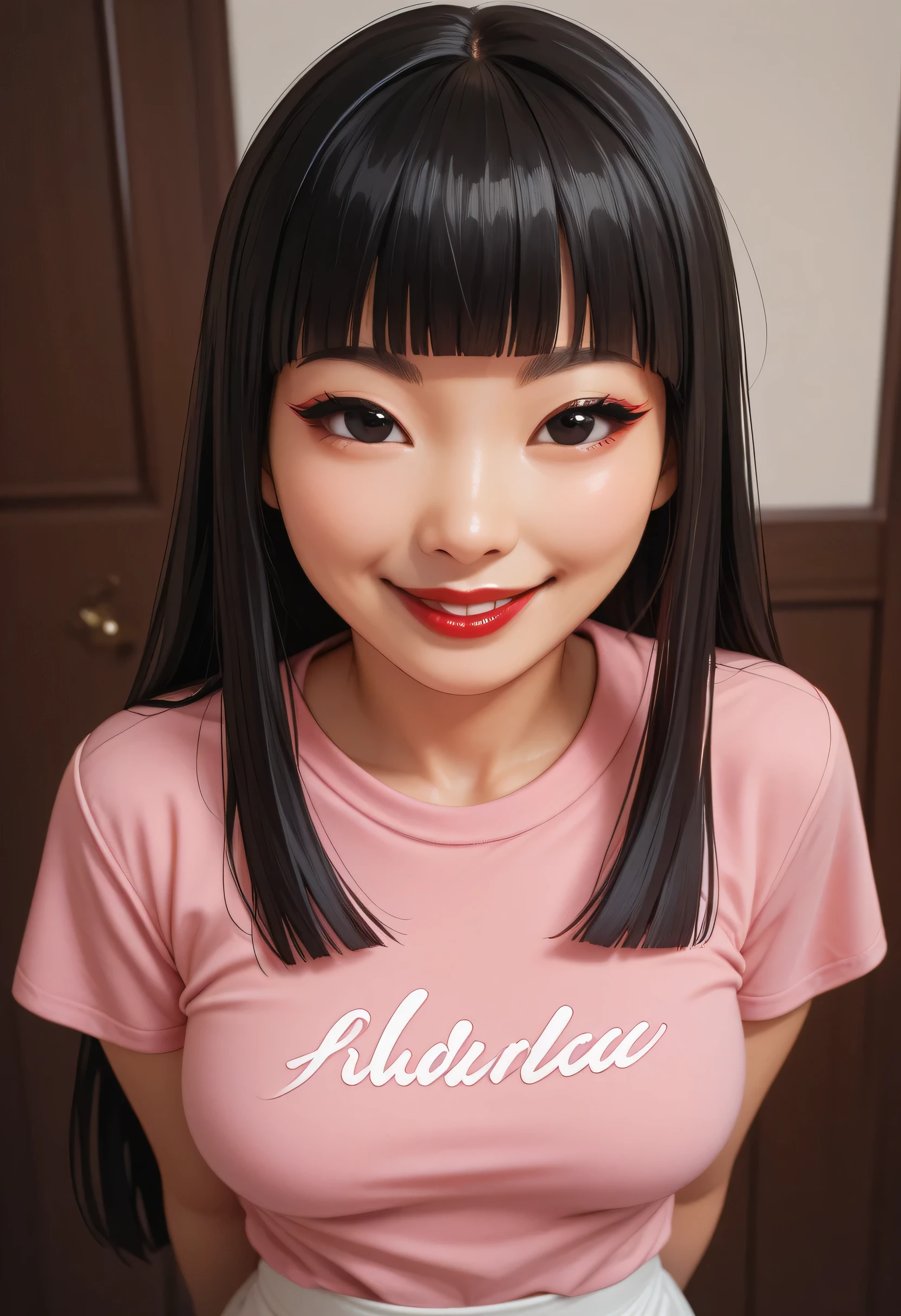 Perfect Face, (Female Asian, Face Asian), Black Hair, Long Hime Cut Hair, (White Band Head), Black Normal Eyebrows, Black Eyes, Red Lips, (Medium Breasts), (Pink T-Shirt), Looking At Viewer, ((Pov)), (Big Smile), Arms Behind Back