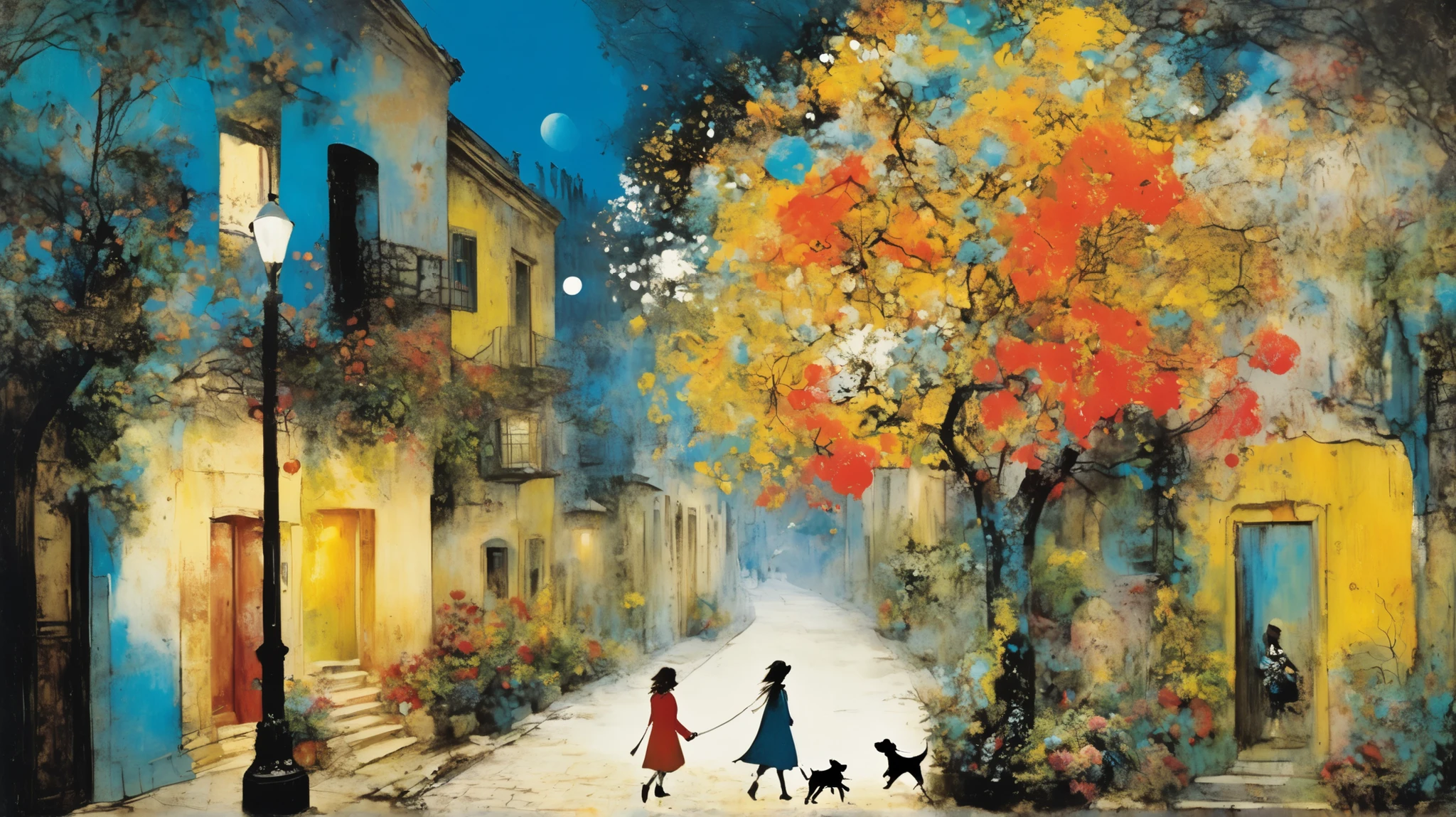 layered, a lovely girl walks her dog throuth a street of an old city, whimsy mood, vivid colors by Georges Clairin, background surreal garden and a big tree, floral motif, night with a big moon by Gerald Scarfe with pattern, gold leaf details.