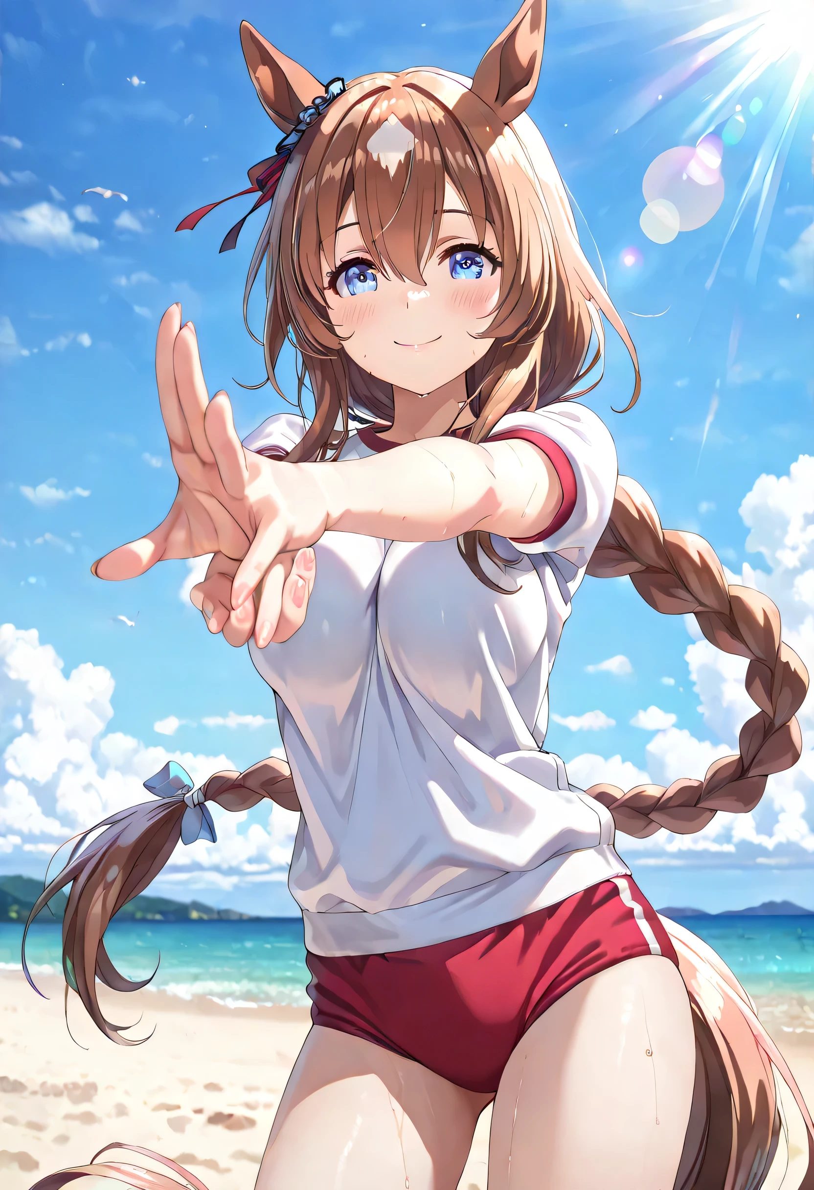 ((ultra-detailed)), (highly detailed CG illustration), (best quality:1.3), ultra-highly detailed, colorful composition, artistic photoshoot, 1girl, solo, moe anime character, Anime-style, harmonious color palette, ethereal ambiance, dainty facial structure, round face, small face:1.4, rounded chin:1.2, short stature, 
horse ears,horse girl,horse tail,long hair,brown hair,blue eyes,very long hair,hair between eyes,bangs,braided ponytail, white short sleeve gym uniform with red rim:1.3, red school gym buruma:1.3, smile:1.3, happy:1.3, joyful:1.3, blush:1.3, sweat, breathing, walking on the beachside shade, one arm reaching forward, cowboy shot, looking at viewer, from front, private beach with sunlight filtering through trees, clear blue sky, morning, summer, sidelighting, dynamic pose, contrapposto pose, best quality, masterpiece, cinematic lighting, 8K resolution, portrait, depth of field, caustics, ray tracing, perfect face, lustrous skin, highly detailed face, highly detailed eyes, perfect face, perfect nose, perfect hair, perfect eyes, beautiful hair, beautiful small face, extremely detailed face, beautiful detailed eyes, beautiful clavicle, beautiful body, beautiful ample breasts, cleavage, breasts squeezed together, beautiful thin thighs, beautiful legs, beautiful fingers, 4 fingers, 1 thumb, lovely, (very detailed background:1.0), (highly detailed background:1.0), pastel colors palette, kawaii aesthetic, intricate details, girly atmosphere, chromatic aberration