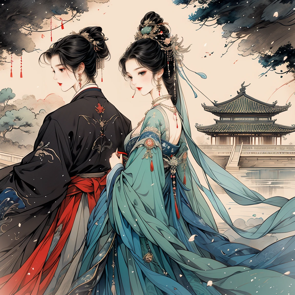 Two women feeding each other on a bench,Chinese style dress,Black and white and blue and green