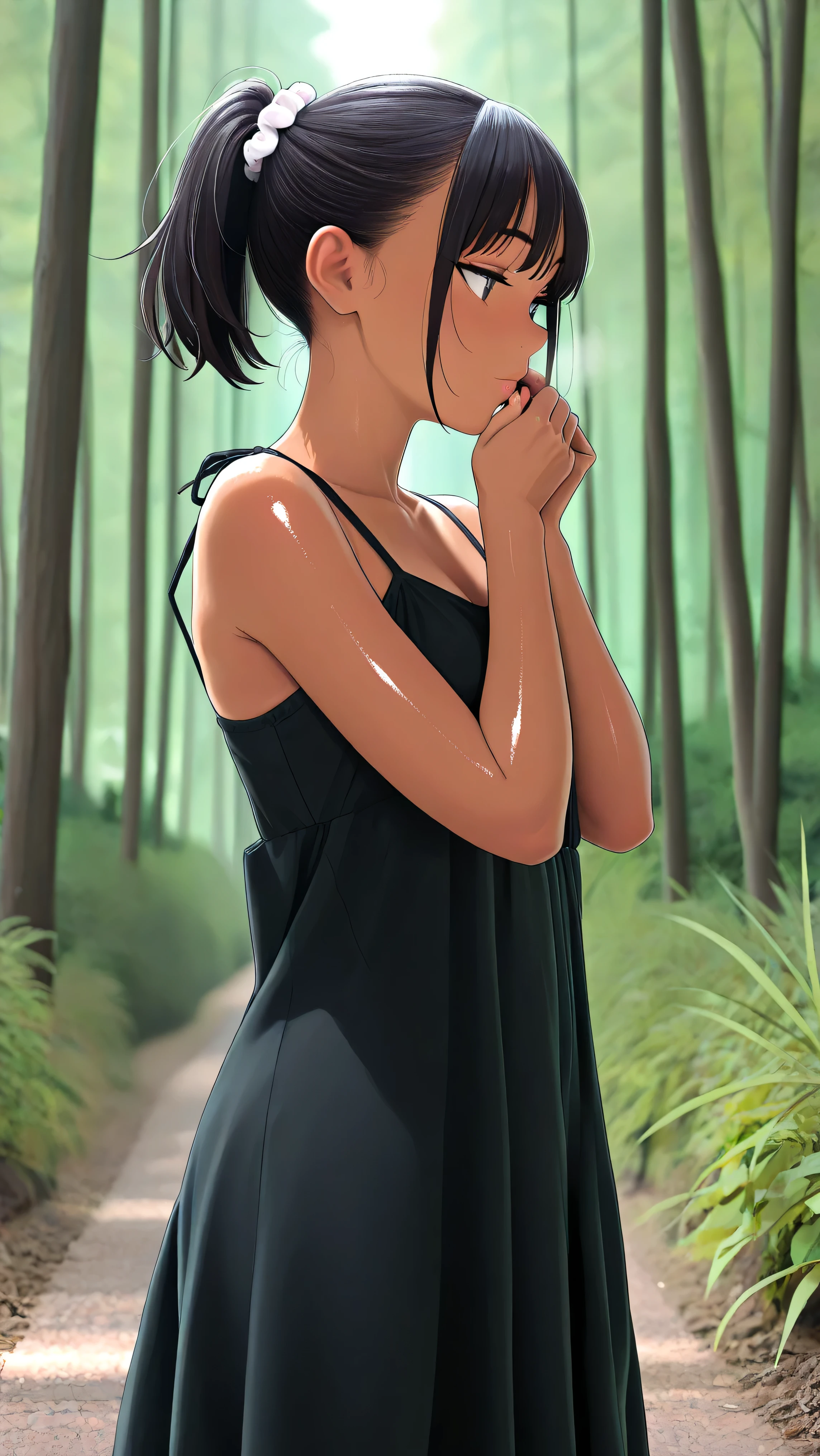 jyoji fuku, black dress, bare shoulders, opaque clothing, masterpiece, best quality, Anime painting, 全身像, 1girl, petits, slender, tiny tits, kawaii, Brown skin, glossy skin, black hair, ponytail, short hair, White scrunchie, forest park, 遠くを見るしぐさ, 豊かな表情., 太陽を遮る手, プロの照明, The focus is on the girl's face,