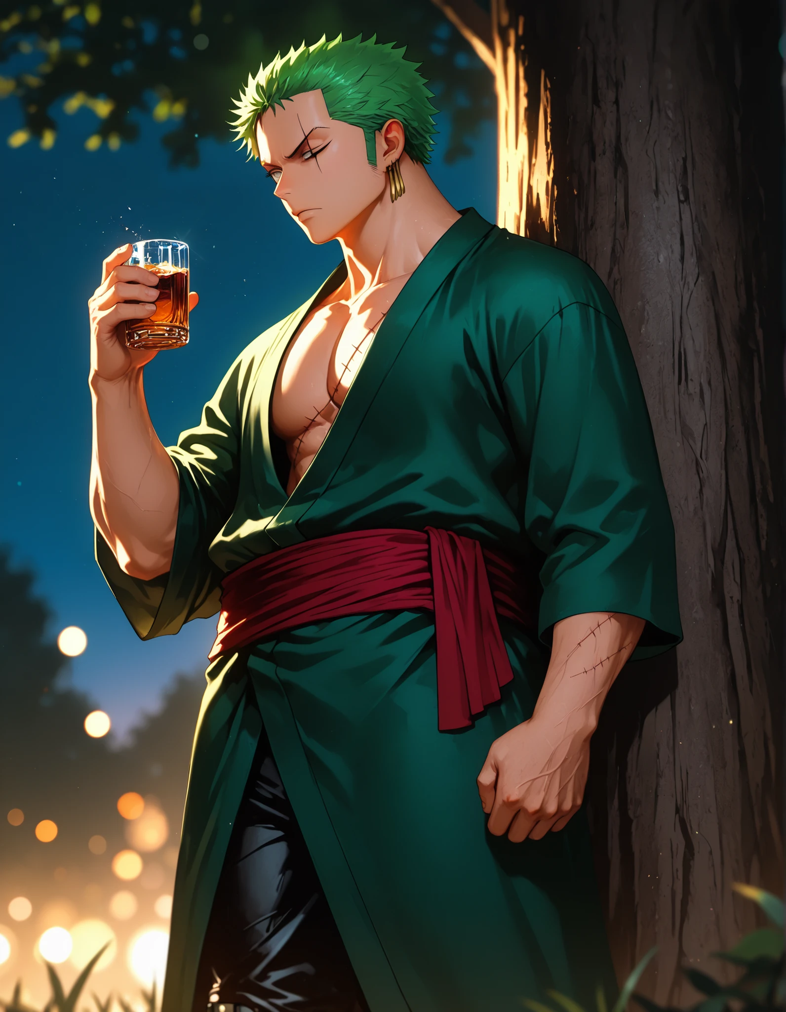 solo, {Roronoa Zoro, ((male)), lean build, mature:1.9, adult, muscular, my hero academia, short green hair, grey eyes, diagonal scar over his left eye,long dark-green robe with three golden buttons on each side, Black pants, tucked into boots, Dark red haramaki sash, Tall, black, fitted boots, Chest scar, [BREAK] blurred background, standing under a tree, outside, spring, night time, bottle of whisky in hand, [BREAK] general, masterpiece, masterwork, best quality, amazing quality, highres, fit to frame, cinematic composition, eyeshd, high gradient eyes, detailed eyes, high definition eyes, perfect hands, perfect fingers,
