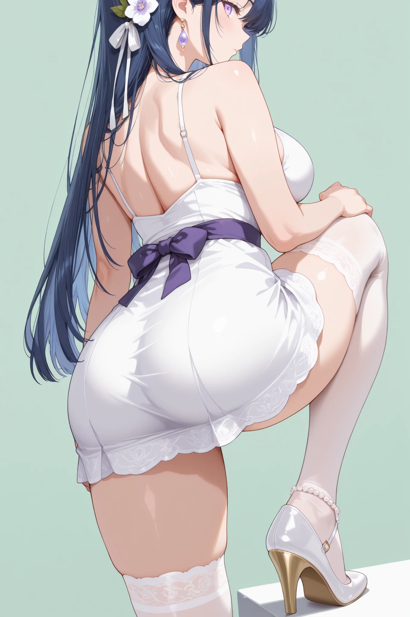 1girl, solo, masterpiece, best quality,
<lora:miyuki-mahouka:0.8>,
maid, maid headdress, frills, detached sleeves, mahouka koukou no rettousei, miyuki shiba, shiba miyuki, black eyes, blue eyes, tsurime, eyelashes, black hair, long hair, hime cut, straight hair, blunt bangs, blunt ends, sidelocks, hair ornament, snowflake hair ornament, detached collar, bikini, maid bikini, apron, frilled apron, maid apron, shoulder blades, large breasts, skindentation, waist apron, skirt, miniskirt, thighhighs, zettai ryouiki,
all fours, looking at viewer, from behind, looking back, ass,
blush, light smile,
underwear, panties, crotch seam, blue panties, upskirt,
simple background, white background, heart background, heart, spoken heart
