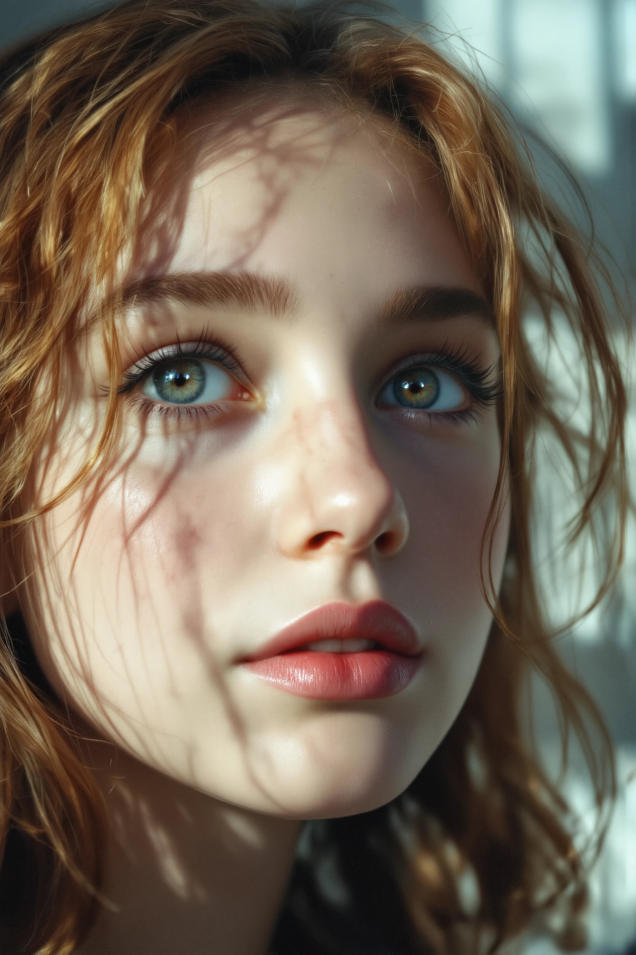 melancholic film photography portrait, young girl with sculpted facial features, translucent porcelain skin with subtle blush, wide-open grey eyes with dewy gleam gazing upward, fluffy eyelashes casting shadows on cheeks, sensual lips slightly parted, auburn hair in artistic dishevelment framing the face, soft morning light creating gentle gradients on skin, natural skin texture with visible pores and delicate imperfections, random sun highlights catching in hair strands, emotional depth of the moment captured, intimate atmosphere, raw feeling, no retouching, shot on film aesthetic, dreamy mood, candid expression, natural beauty approach, soft focus around edges, Kodak Portra tones, window light, authentic emotion, masterpiece. Ultra fine. Detailed