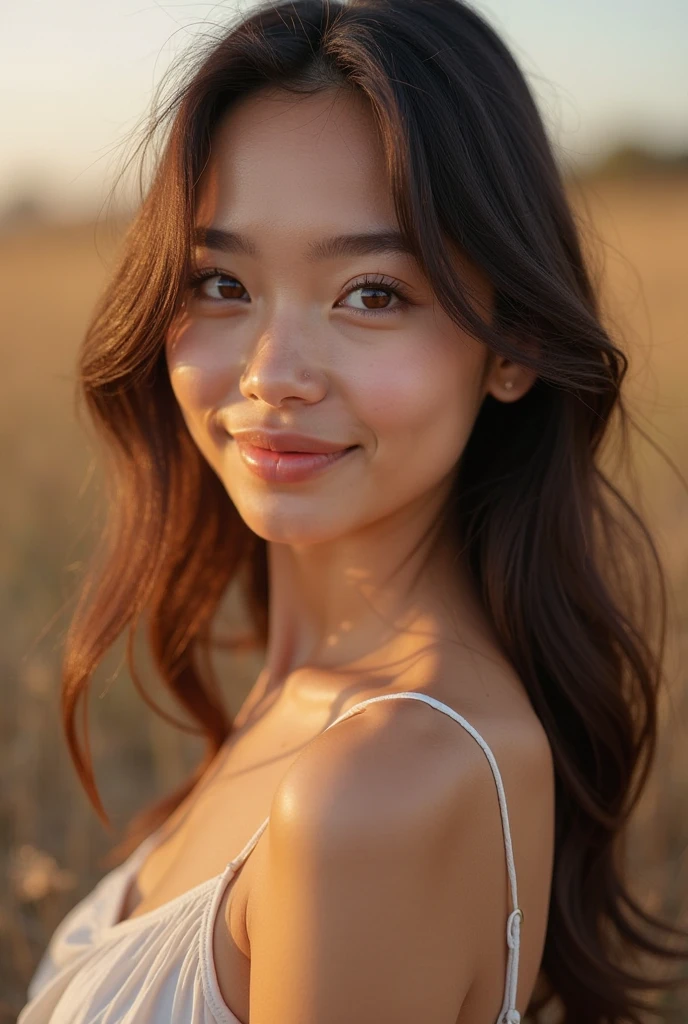 1girl in, masutepiece, ighly detailed, (Beautiful detailed glow), Lens Flare, White hair, Short hair, Floating hair, Looking back, Smile, Blue eyes, White Dress, medium breasts,  full bodyesbian,  Clouds, Backlighting, Purple Sky, Yellow Sky, Gradient sky,