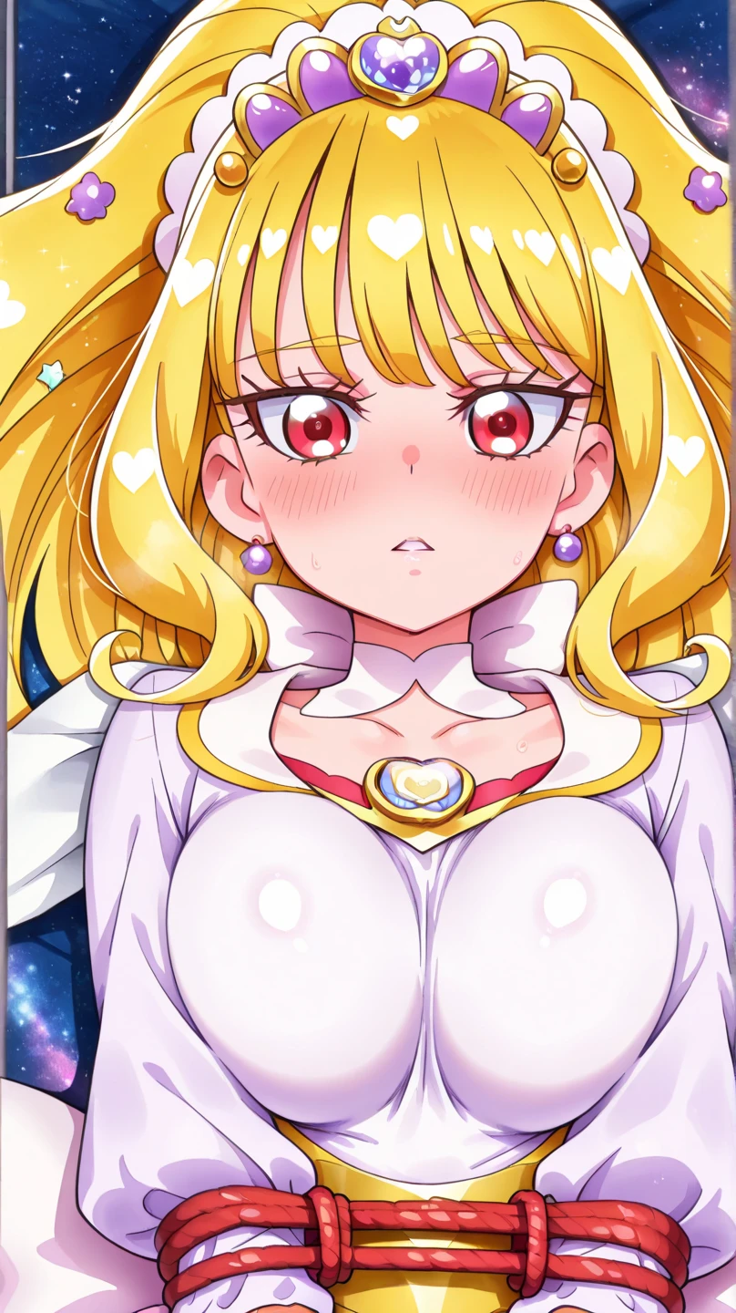  blonde, bright eyes, naked, 光沢のあるnipple、(masterpiece),(highest quality:1.0), (ultra high resolution:1.0), Detailed form, 8k, anime, masterpiece, brown eyes、nipple、attractive woman　provocative look　blushing sexual expression　wavy hair　とてもbig breasts　Fair skin　highly detailed chest　very fine eyes　her cheeks are flushed　show your chest　chest to chest　I&#39;I&#39;m shy　Photo from above the waist, I&#39;I&#39;m trembling,大きいnipple,big breasts,Saliva&#39;s enchanting smile,Ahegao, blush, Sweat, open your mouth, roll your eyes, tears, stick out tongue,1 girl,bishojo,in the meadow, Super high quality（８K）　masterpieceベストクオリティ　柔らかくてbig breasts, highly detailed sleepy red eyes　光沢のある大きいnipple, Highly detailed wavy long hair, beautiful night sky　High definition clear white skin　red cheeks　troubled face　Always detailed sleepy look　thick red eyebrows