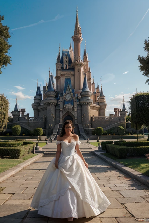 Masterpiece, best quality, very detailed, Exaggerated, realistic, beautiful young woman, white wedding dress,  Smiling face holding a bouquet of red roses. Elegant castle background. Extraordinarily detailed face.
