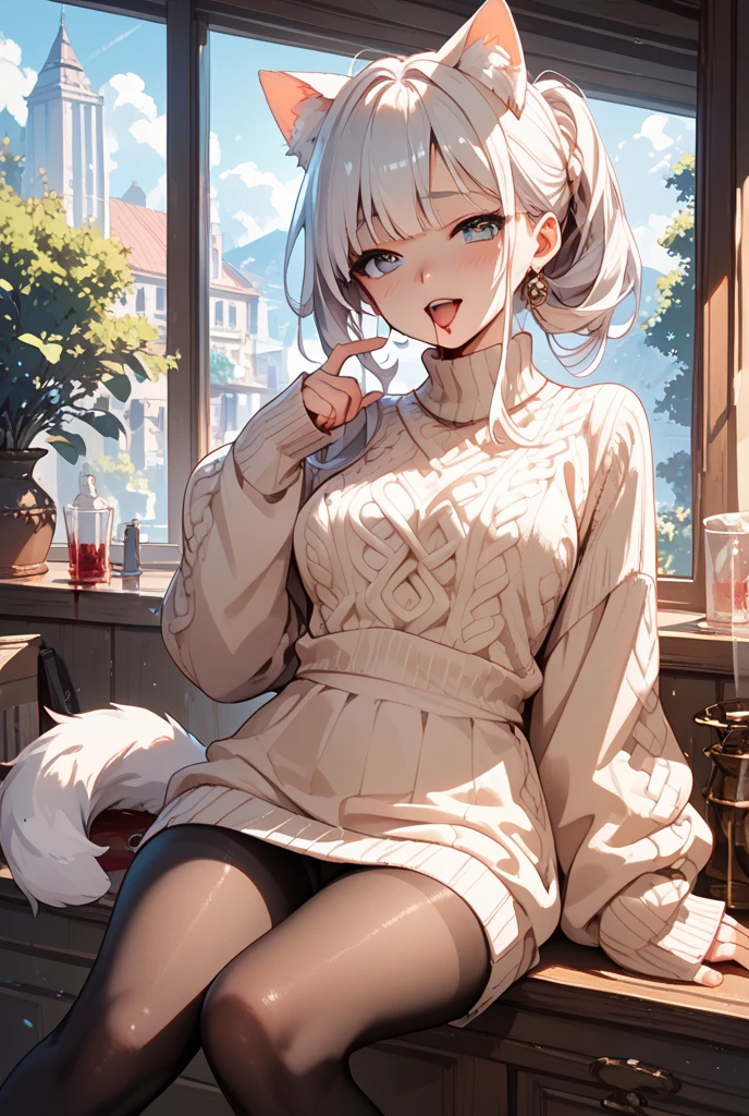 ((Masterpiece)), ((best quality)), (Anime:1.3), (super detail:1.2), (High Definition:1.3), (Professional Photography:1.3), (sharp focus), (perfect light), ((12 years old)), 8K, Glossy skin, cinematic lighting, 1girl, wide-shot, ((Wearing frayed sweater with border pattern)), fluffy shorts, (Cute innocent teenage girl), (Healthy slim body), small breast, glossy medium hair, (loose blunt bangs), :d, open mouth, (sticking out tongue), (naughty smile), beautiful collarbones, (exposed shoulders), (cat ears), pale brown hair, messy Hair, BREAK, ((best quality)), Sitting by the diner window, indoor, (Dubrovnik townscape in Croatia), summerday, Beautiful and clear Adriatic Sea,