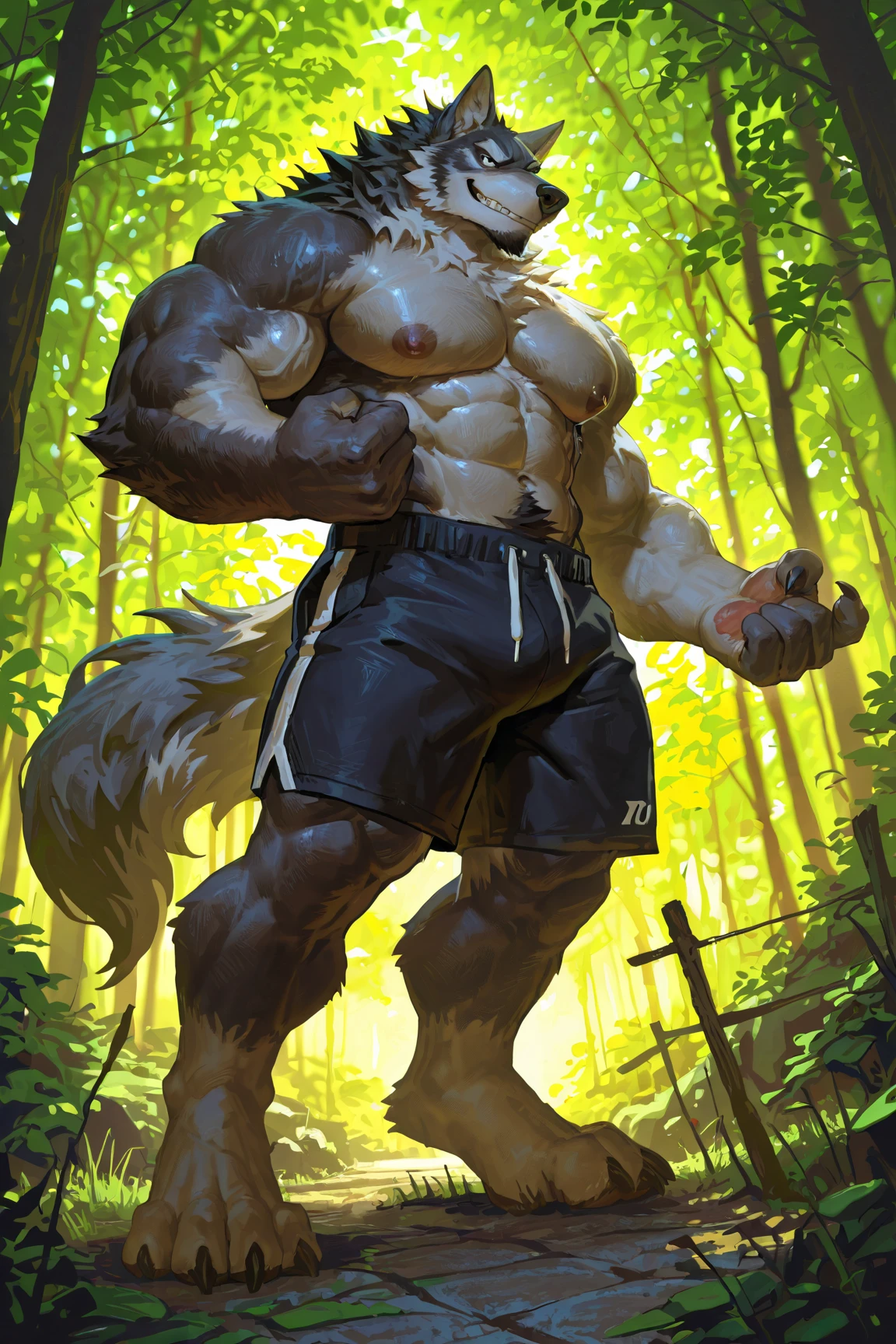(golden retriever, human (canine), muscular body, exquisite eyes, black eyes, alone in the wilderness, blushing, naked, smiling, pink nipples, entire body, strong legs, furry tail, looking up, bulging crotch, outlined shape, sweat, visualized crotch, protruding crotch, larger crotch, wet crotch, sweat, wearing only white underwear, transparent underwear, triangular, in the middle, genitals vaguely visible, nsfw, exposed testicles, more transparent underwear, able to see the shape of the penis, able to see the color of the glans)
