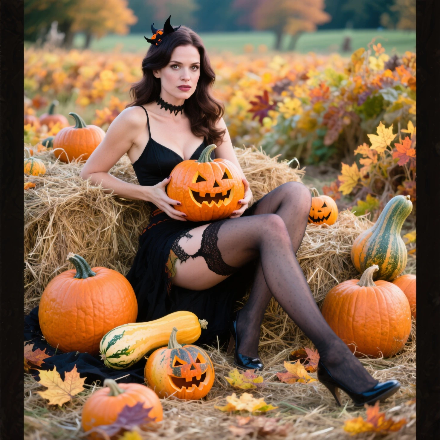 (analog photo:1.2),(cute young woman in sexy clothes, (posing for cover) on pumpkin, wearing a black witches hat,lace orange panty,(long curly ginger orange hair),still life background,fall day),(midnight hour, high quality, film grain), (natural colors, correct white balance, color correction, dehaze,clarity)