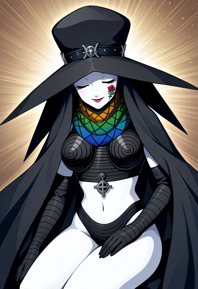 Scathach, navel, yellow eyes, red lipstick, grey skin, red rose tattoo on face, black hair, ScaBan, striped crop top, striped fingerless gloves, striped ?????????, jewelry ,large witch hat, cape,colored scarf, skinny, 1girl, solo, facing viewer, looking at viewer, smile.