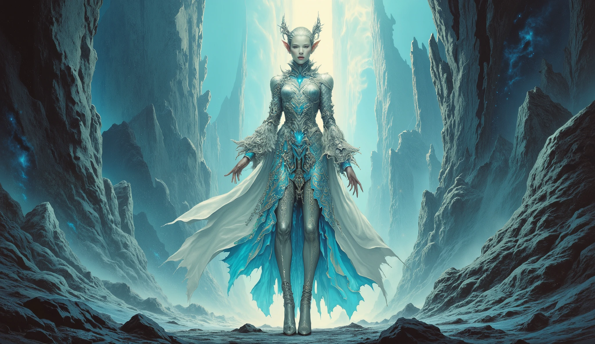 Ultimate Elder,An amazing woman of the future，full body shot，high heels，embroidered clothing.sci-fi