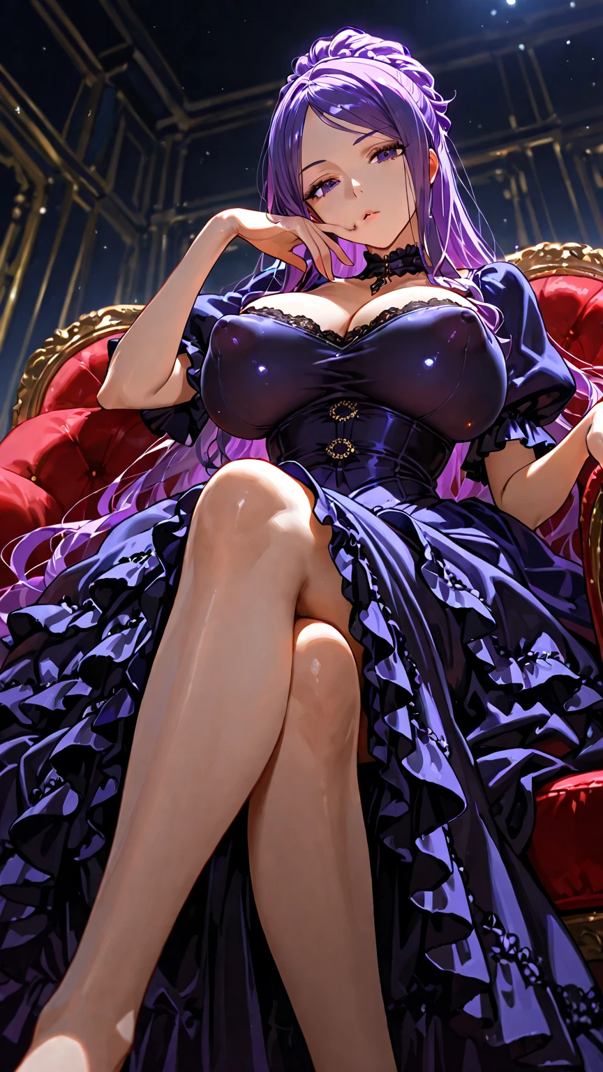 young girl, long curly lilac hair, violet eyes, Sheep horns, princess dress, open breasts, large breasts, sitting in a wheelchair, Masterpiece, hiquality, higly detailed, HD, 4k