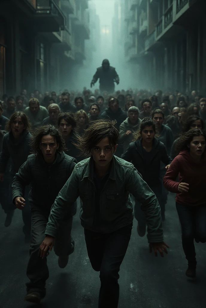 People are fleeing from monsters in a ruined world.