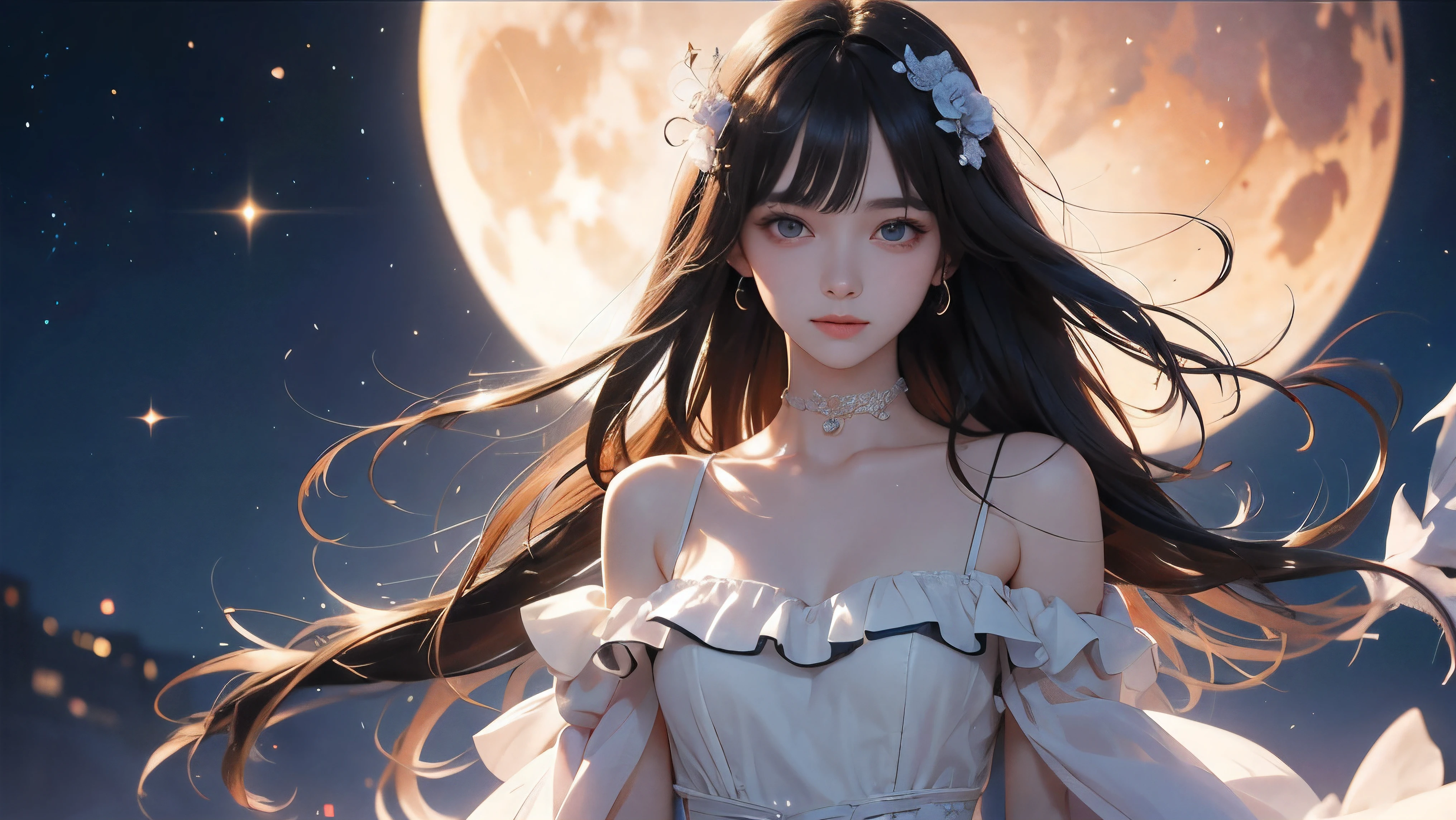masterpiece, best quality, cinematic, 16:9 aspect ratio. A beautiful young woman, waist-up. Her expression is a mix of sadness and dreaminess, with a subtle smile. Her super long, flowing dark hair shines under the soft light, with slightly messy bangs. She wears an elegant white sleeveless dress (slightly off-shoulder), a white choker, and a delicate small rose in her hair. The background is a breathtaking night sky filled with glowing stars and faint twilight, creating a magical, slow-motion effect. The lighting is fantastical and soft, with highlights from the moon and stars, creating a romantic and slightly melancholic atmosphere. The art style is 2.5D, hyper-detailed, blending anime aesthetics with realistic textures.