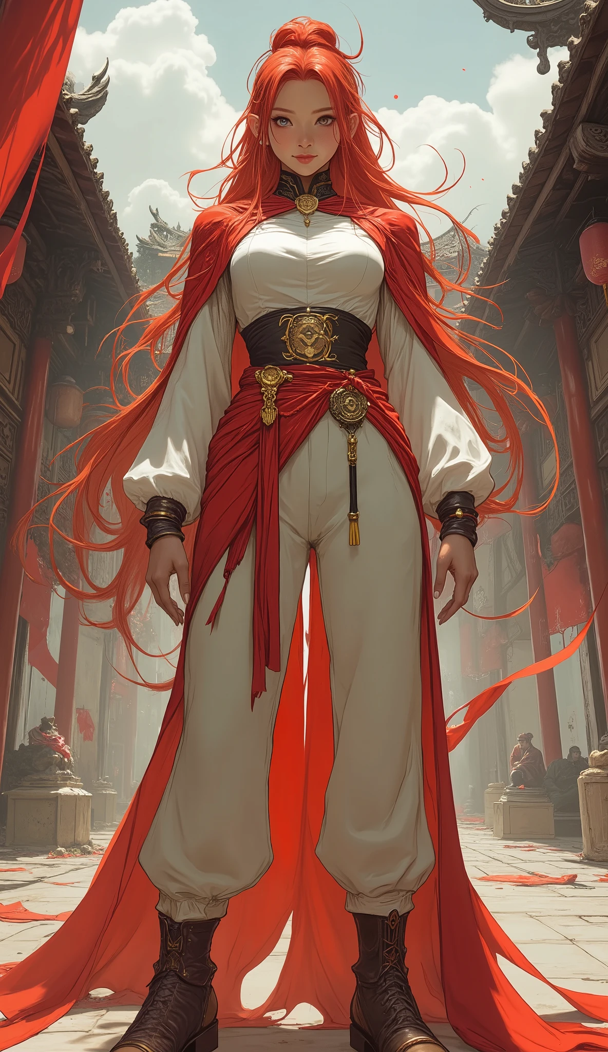 (masterpiece, best quality, intricate details, cinematic lighting), a beautiful fantasy wuxia heroine with a slender figure, perfect anatomy, and perfect hands with five fingers. She has long, wavy, deep-red hair, sharp eyes, and delicate facial features of mixed Central Asian and European descent. A confident smile plays on her lips. She is dressed in an elegant yet practical fantasy-style dress over loose, comfortable trousers and leather boots. The color scheme of her outfit is predominantly red and white, accented with yellow. She stands proudly with her hands on her hips within a magnificent and grand fantasy ancient city that blends Chinese and Japanese architectural styles. Exquisite and mature character illustration art by WLOP and Ruan Jia, dynamic composition, hyper-detailed.