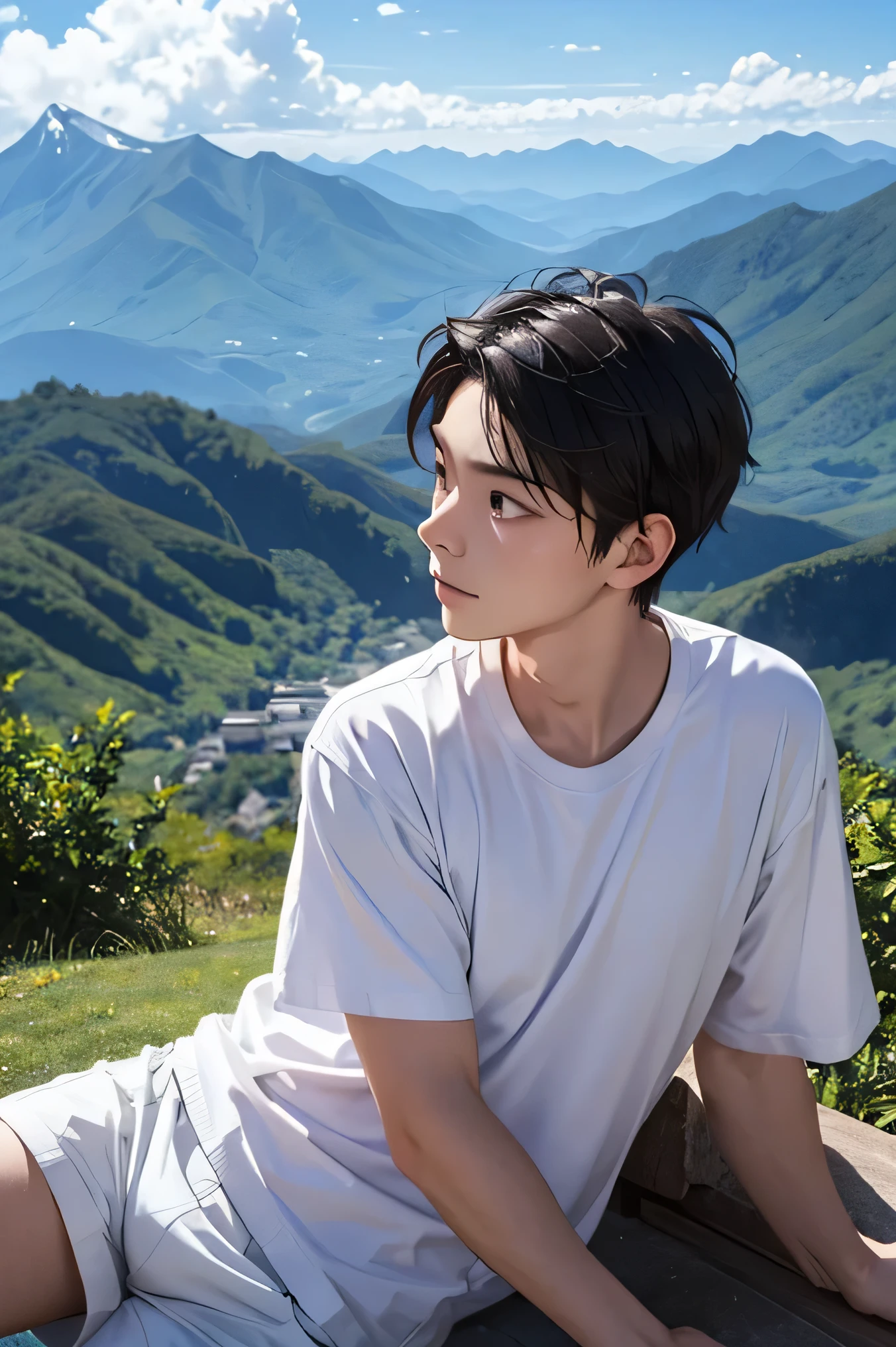  male　　Handsome Japanese guy in his 30s　short hair　dark haired　　　whiteｔshirt　　White Shorts　face slightly upward and sad expression　　　　　The gaze is directed far away　　summer resort　 Plateau　 Resort　the background is a beautiful sky and mountains　No building　　Make Your Face Bigger 